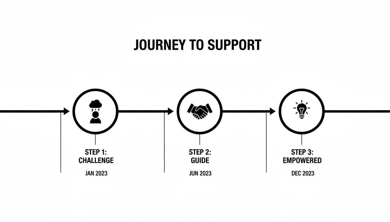 A timeline titled 'Journey to Support' with three steps: Challenge (Jan 2023), Guide (Jun 2023), and Empowered (Dec 2023).