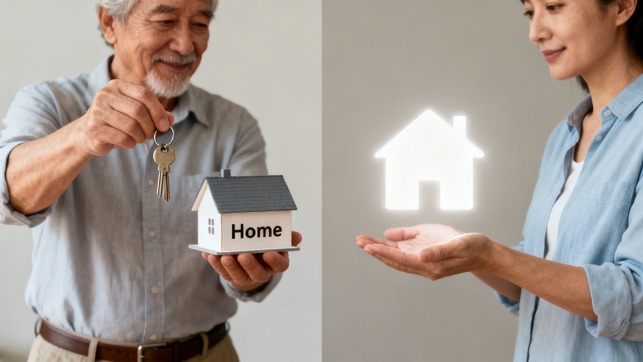 An older man offers a model house with keys to a woman, who receives a glowing virtual home.