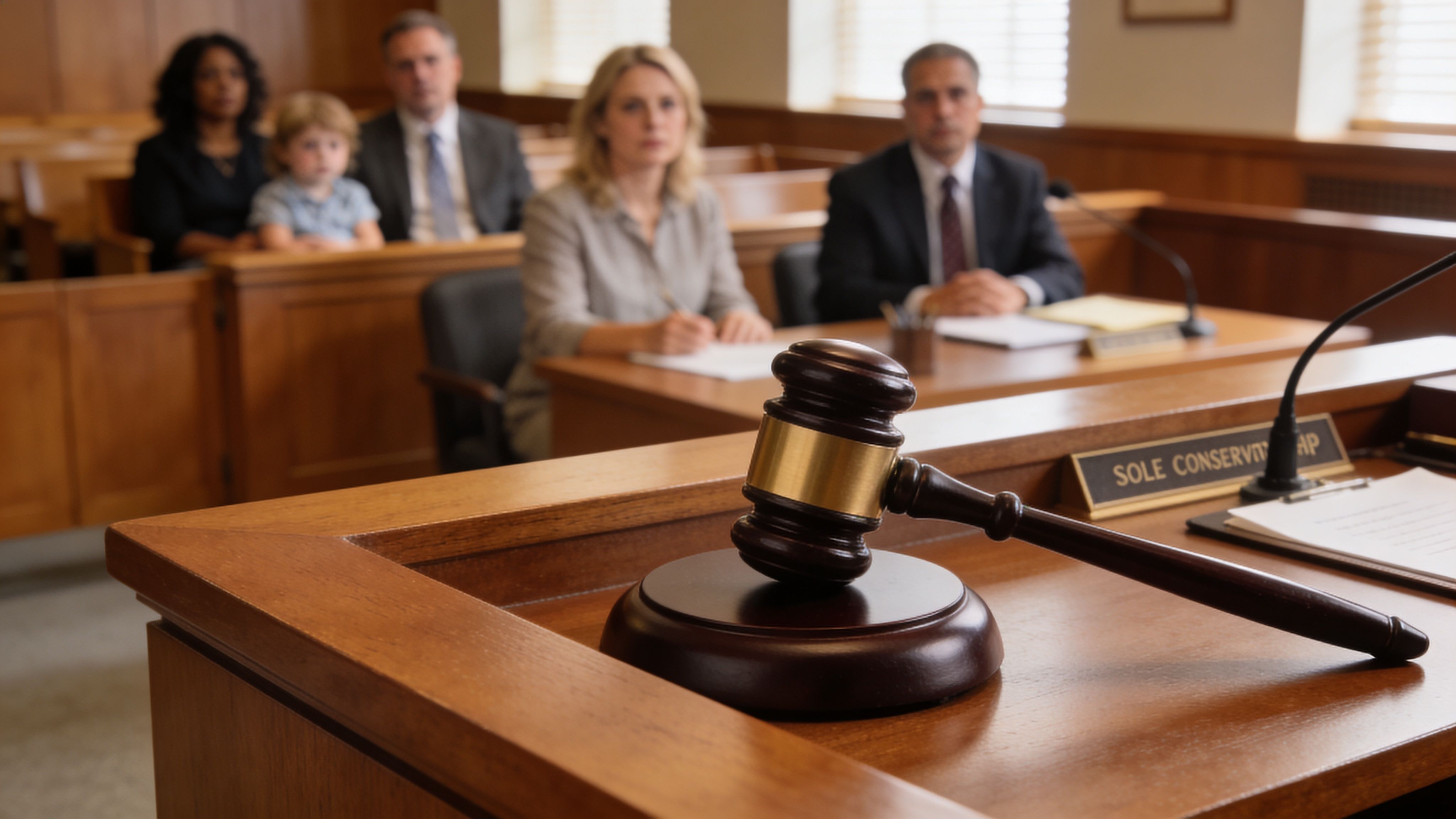 A wooden gavel resting on a courtroom desk with people attending a legal hearing in the background.