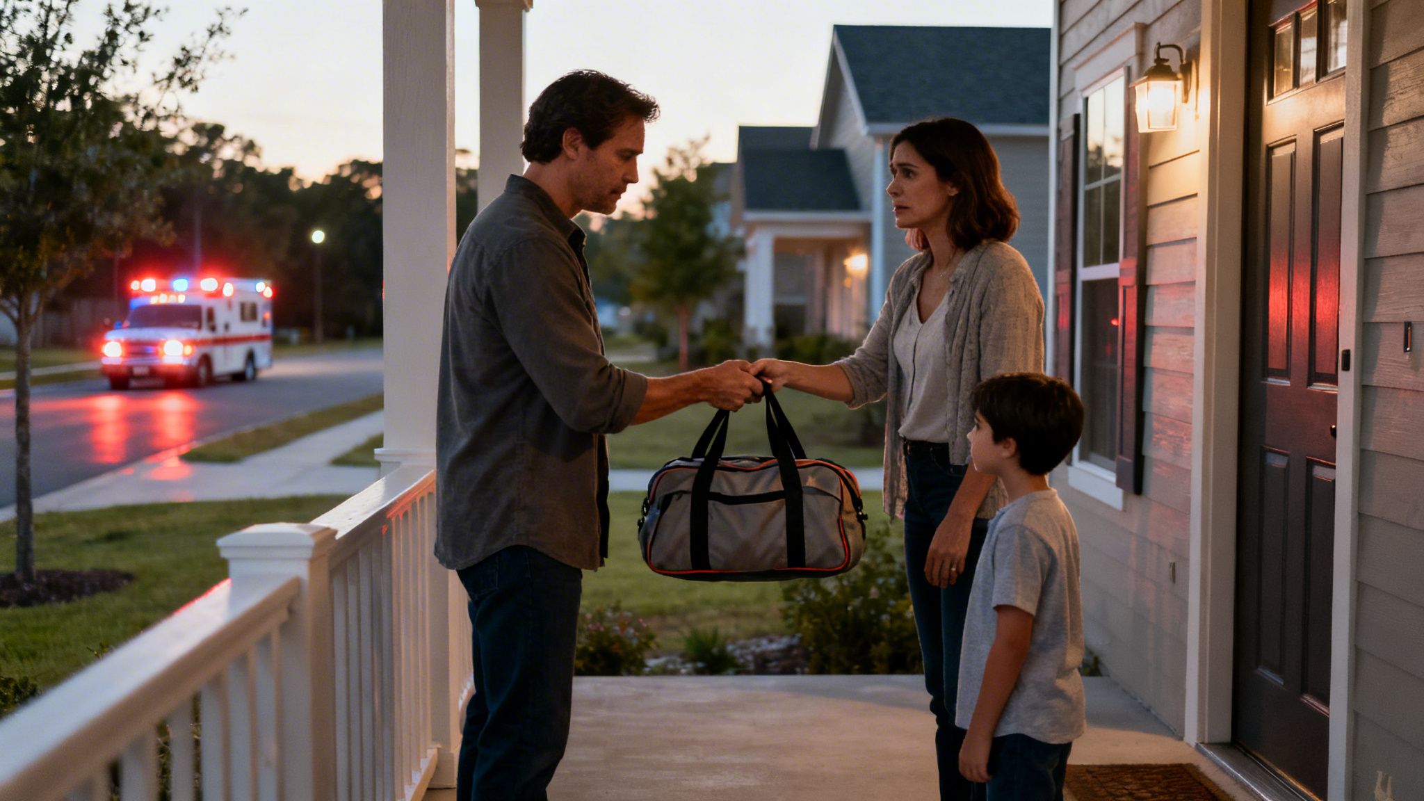 A man hands a duffel bag to a woman on a porch while a child watches, with an ambulance in the background.