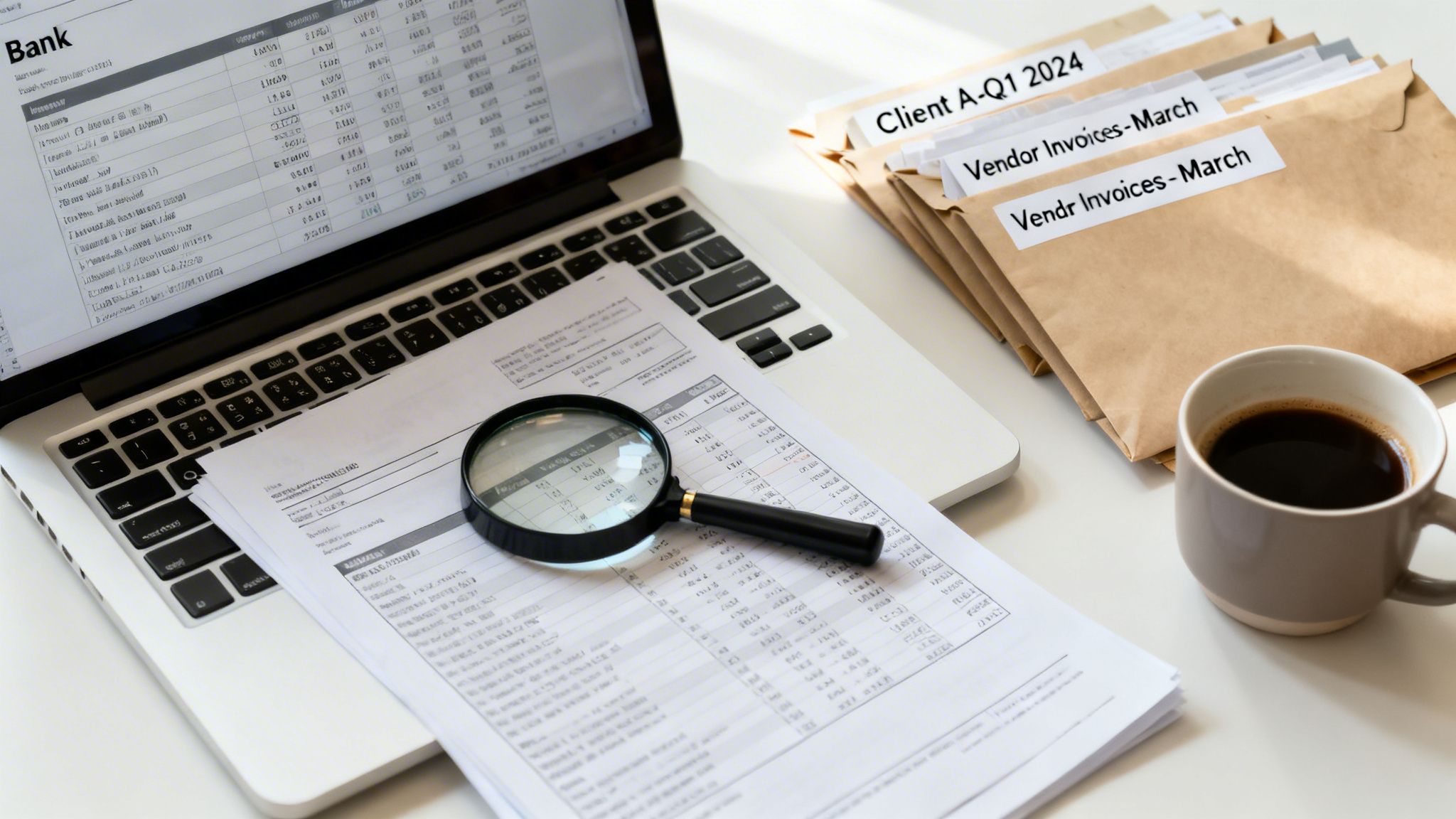 Financial workspace with laptop, bank statements, magnifying glass, business folders, and a coffee.