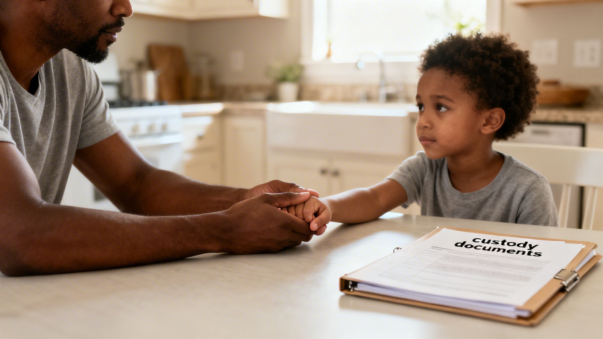 A father holds his child's hand on a table with custody documents, symbolizing a serious discussion.