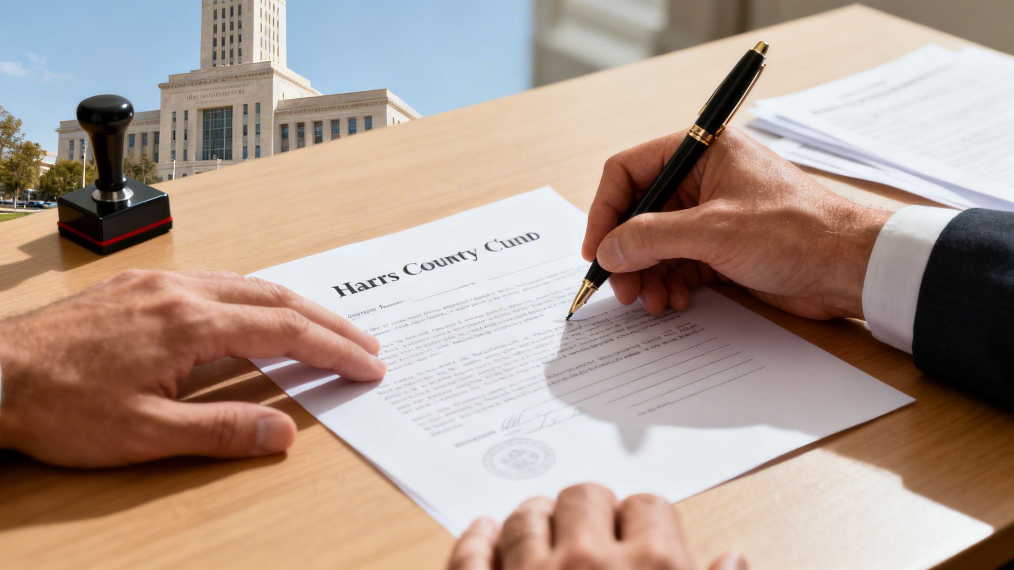 A man in a suit signing official documents for Harris County, with a courthouse visible.
