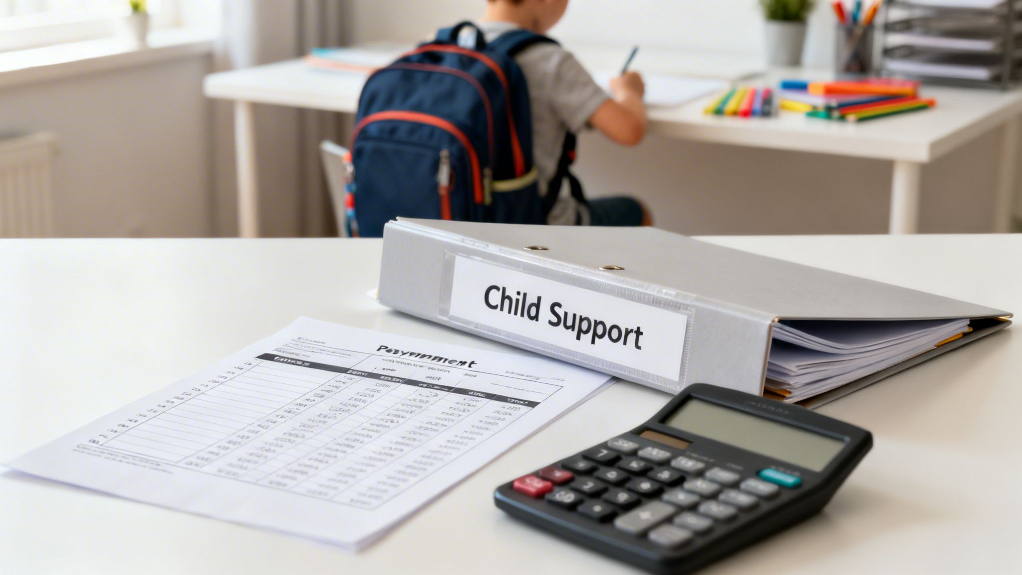 A "Child Support" binder, financial documents, and a calculator on a desk with a child studying in the background.