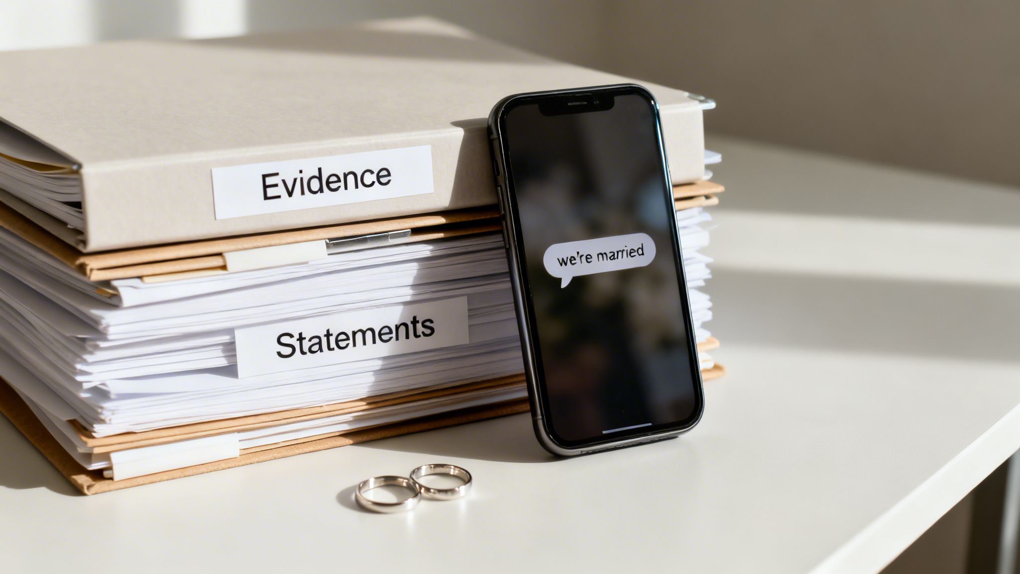 Folders labeled 'Evidence' and 'Statements' next to a phone displaying 'we're married' text, with wedding rings.