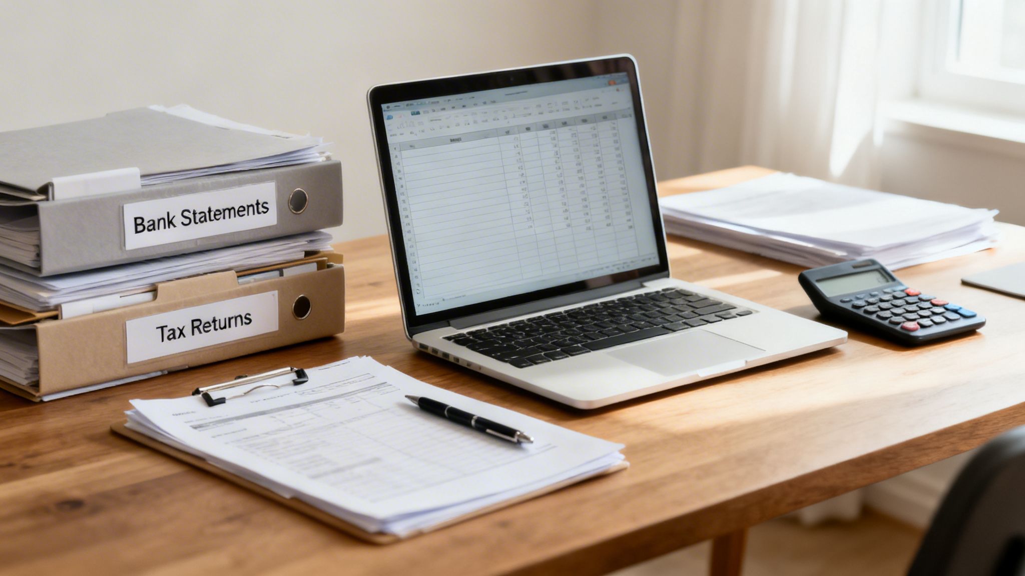 Workspace with bank statements, tax returns, a laptop displaying a spreadsheet, and a calculator.