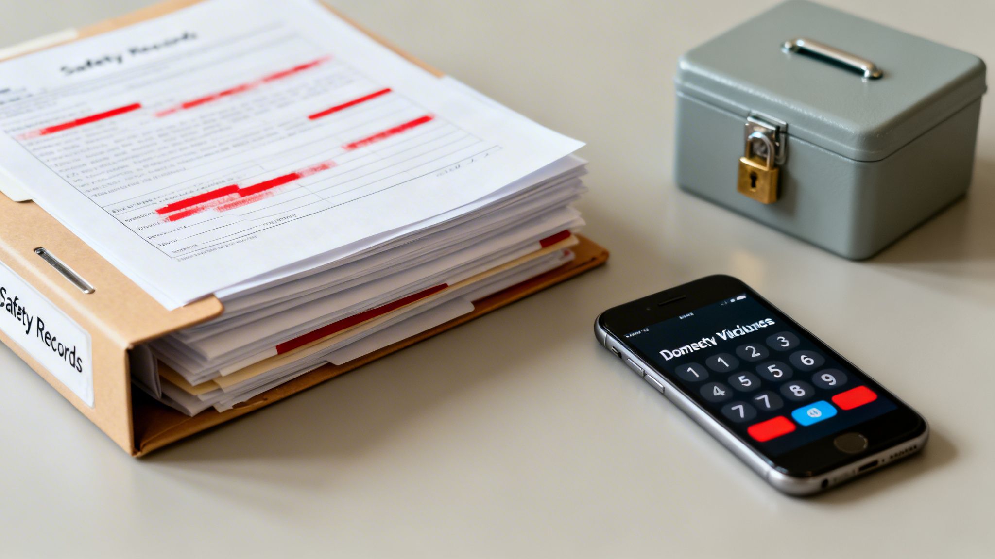 A stack of 'Safety Records' documents, a smartphone with a keypad, and a locked grey box on a desk.
