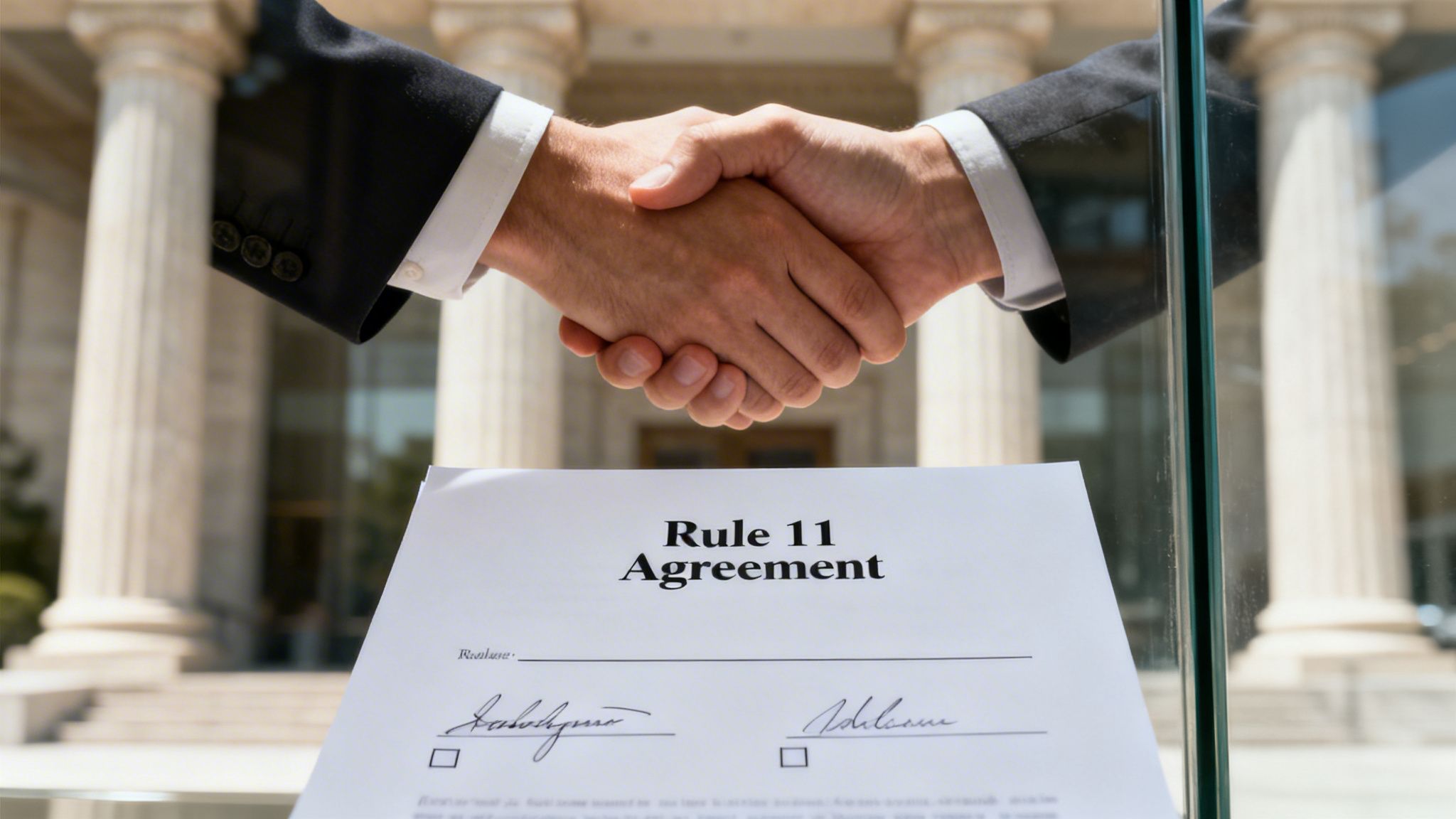 Two business people in suits shake hands above a signed 'Rule 11 Agreement' document.