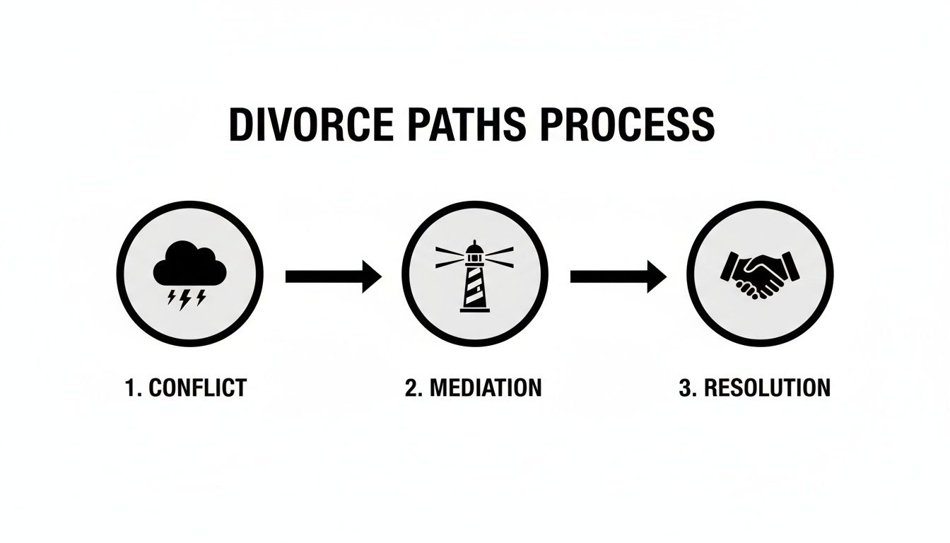 Diagram illustrating the divorce process from conflict to resolution through mediation.