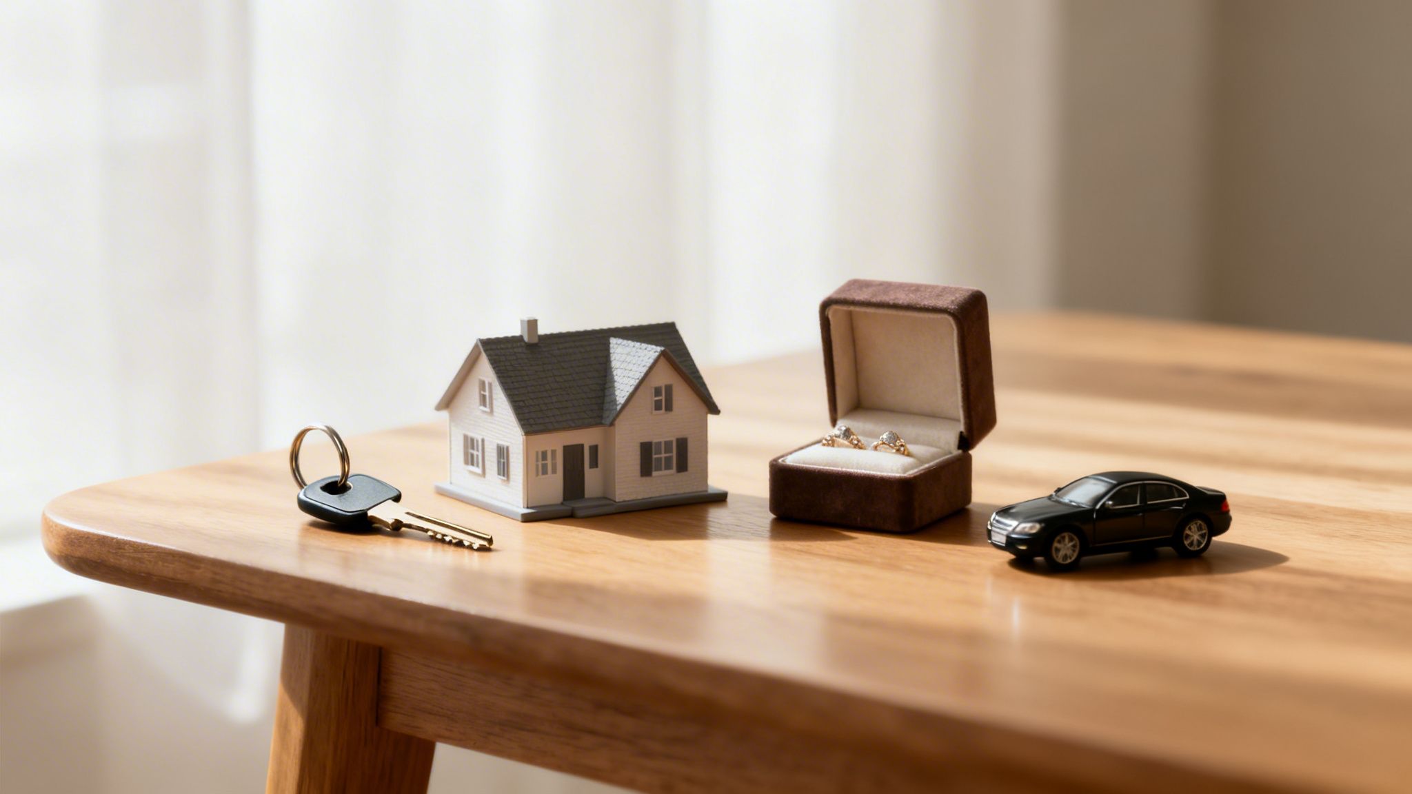 A miniature house, car, key, and open ring box with two rings on a wooden table, symbolizing assets.