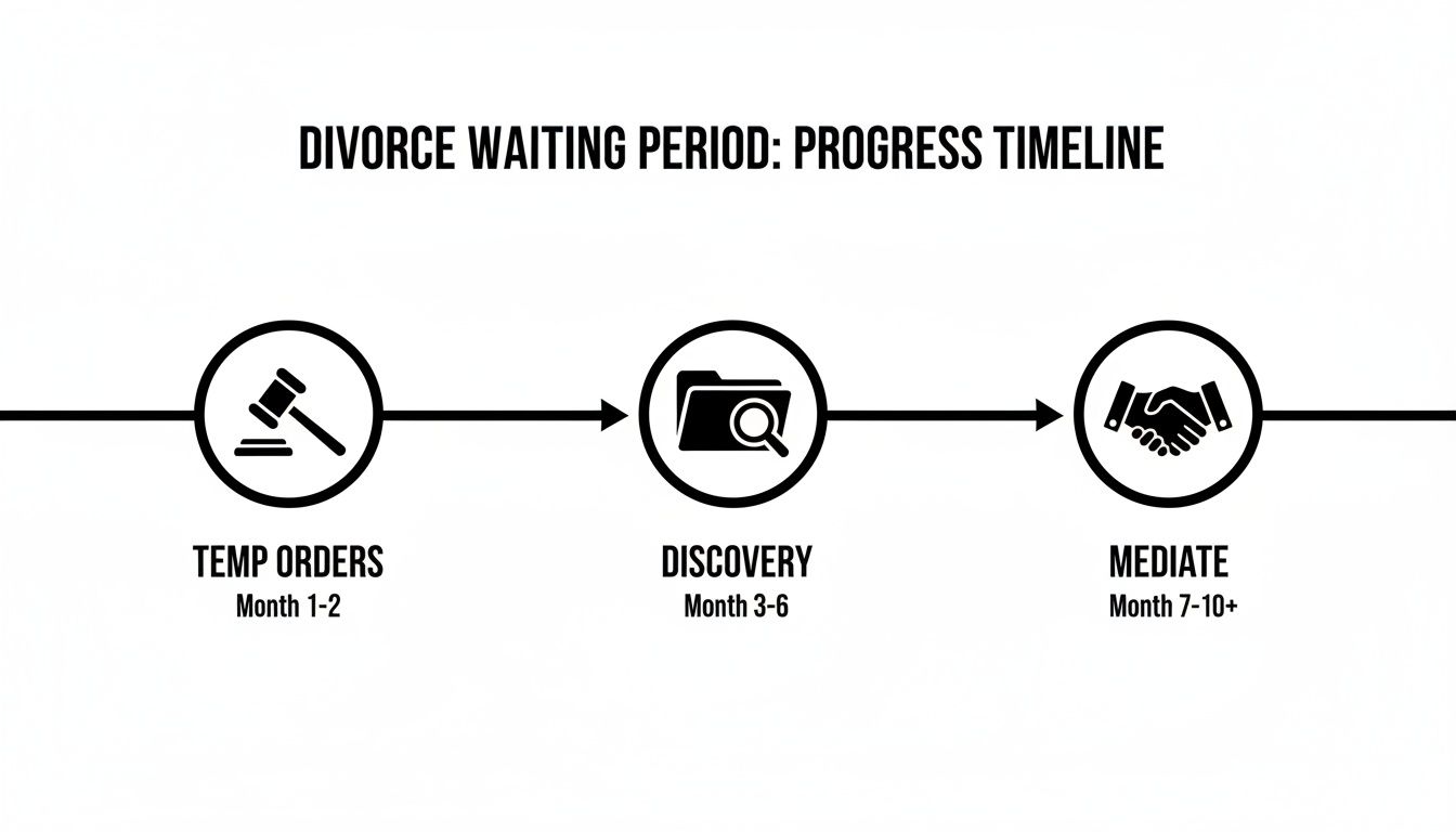 Divorce waiting period timeline showing temporary orders, discovery, and mediation stages with estimated months.