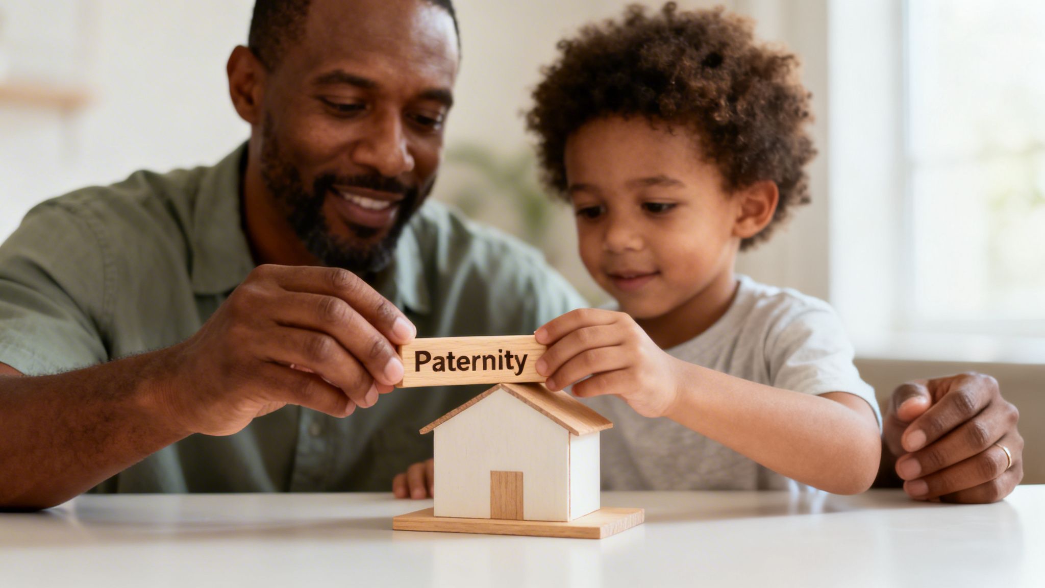 Smiling Black father and son building a wooden house, placing a 'Paternity' block on top.