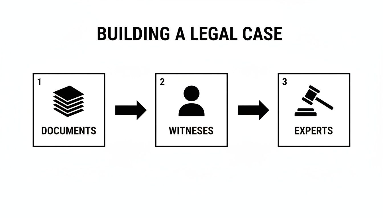 A flowchart illustrates the three steps to building a legal case: documents, witnesses, and experts.