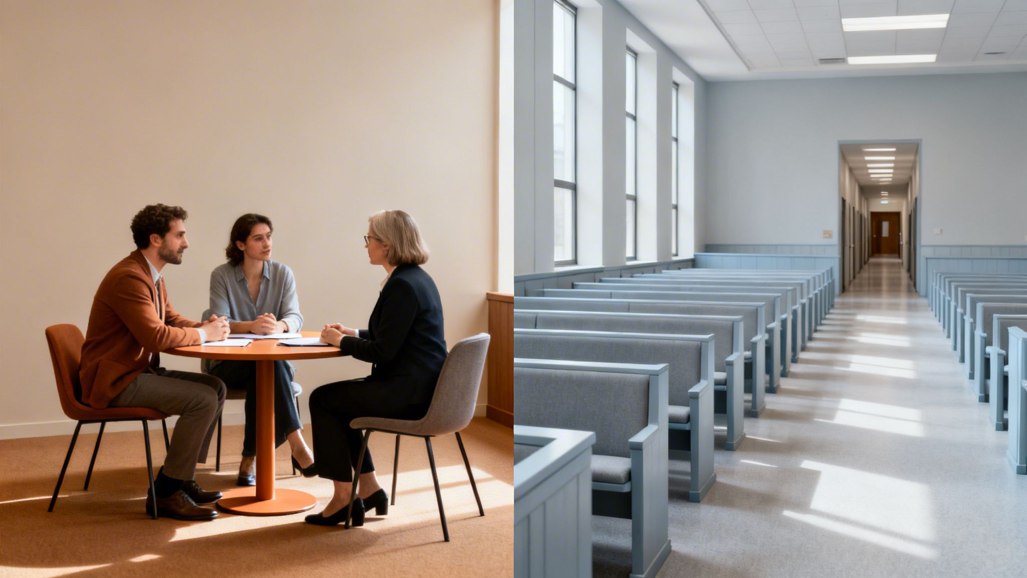 Three people discuss at a table, contrasting with an empty hall with rows of benches.