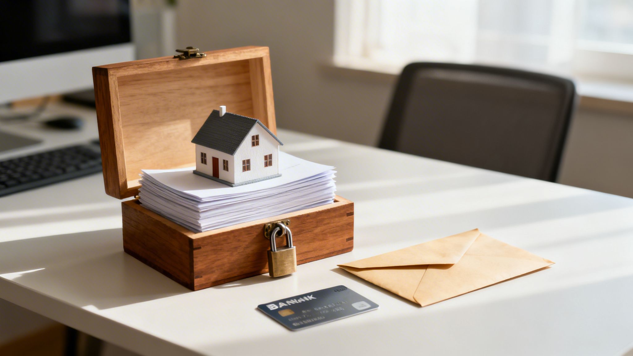 A model house on papers in a locked wooden box with a credit card and envelope.