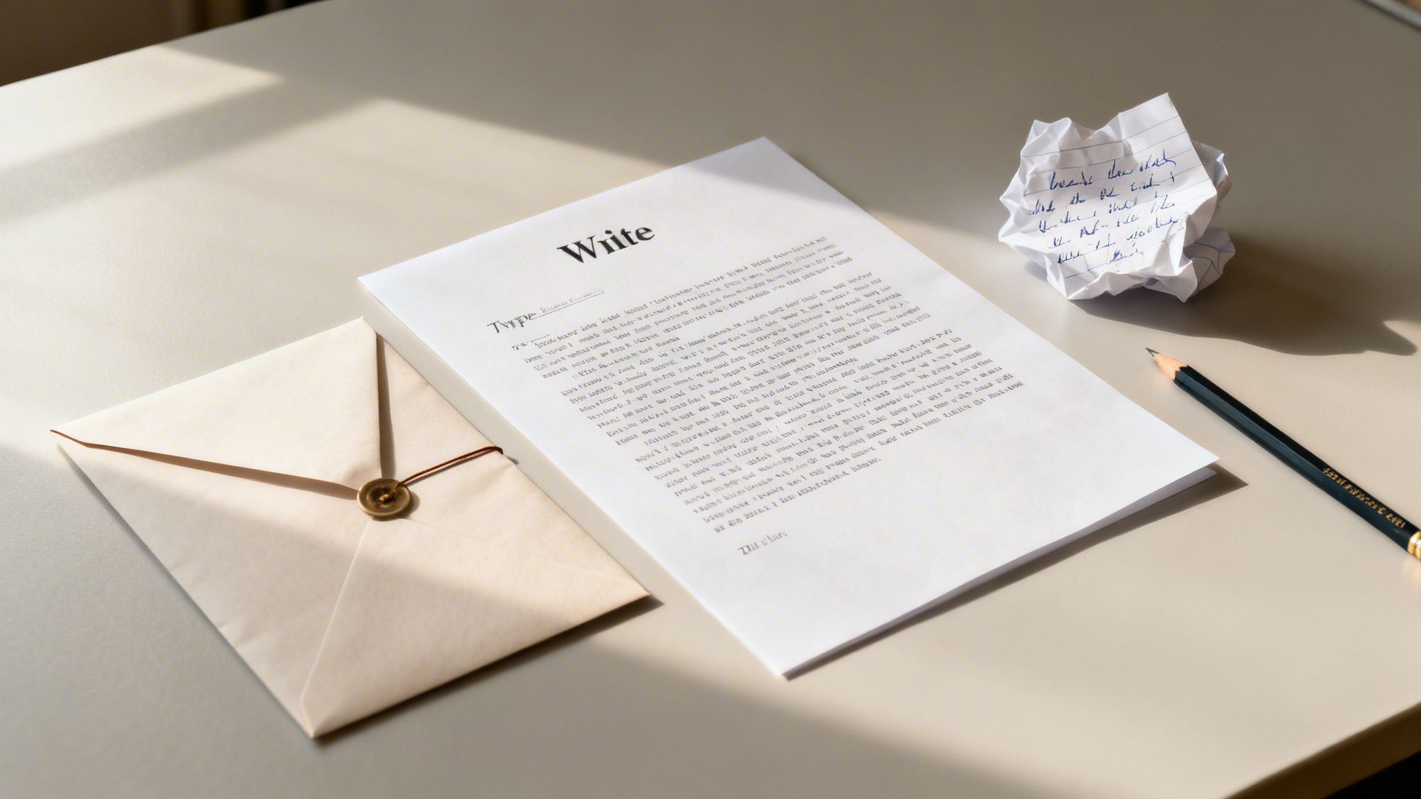 A minimalist desk setup with a sealed envelope, a document titled 'Write', a crumpled paper, and a pencil, depicting the writing process.