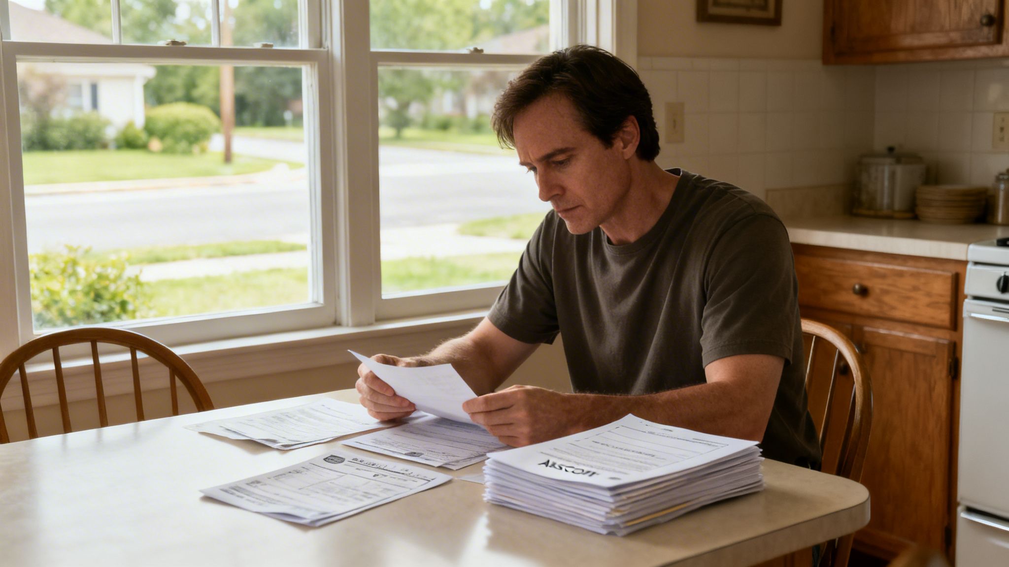A man sits at a kitchen table, intently reviewing a stack of documents and papers.