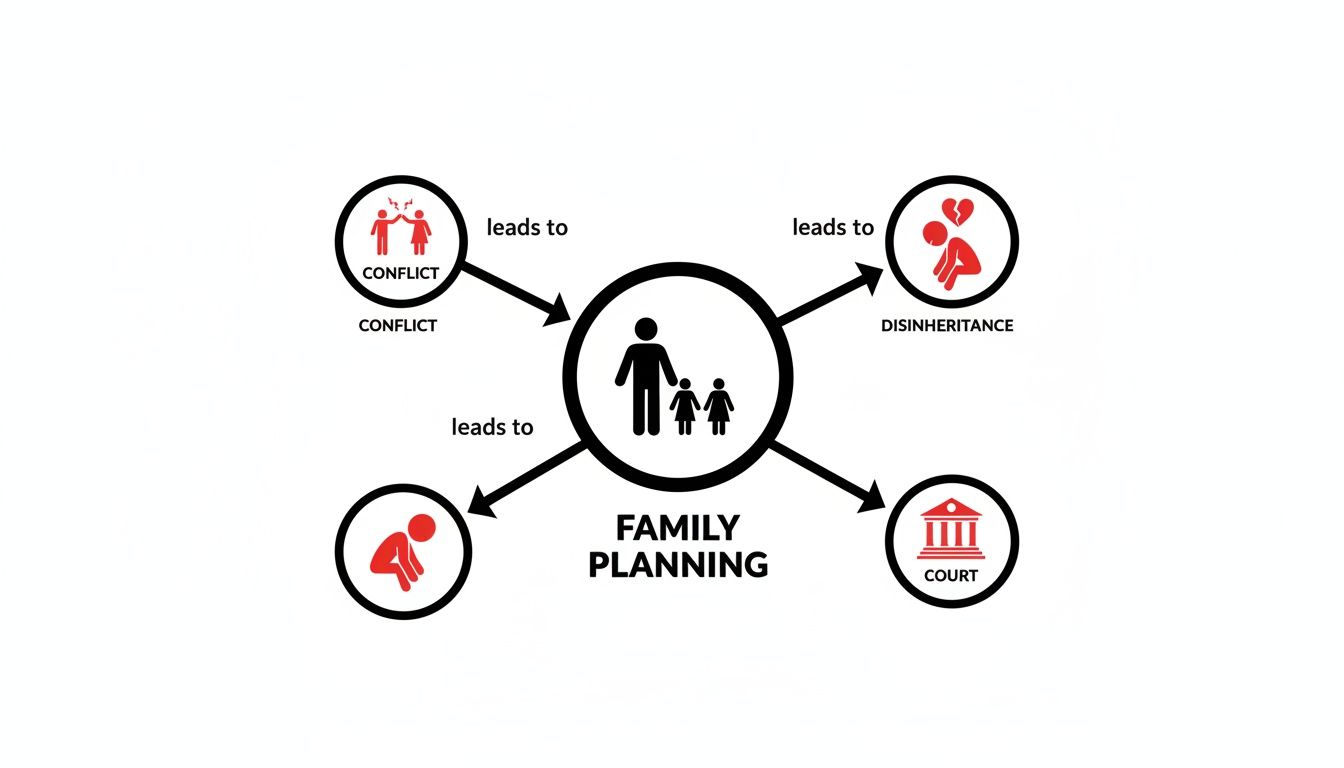 Diagram illustrating family planning challenges: conflict, disinheritance, court, and emotional distress.