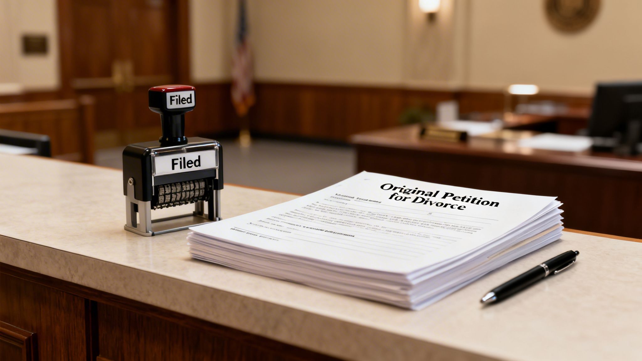 A stack of 'Original Petition for Divorce' documents with a 'Filed' stamp and pen on a courthouse counter.