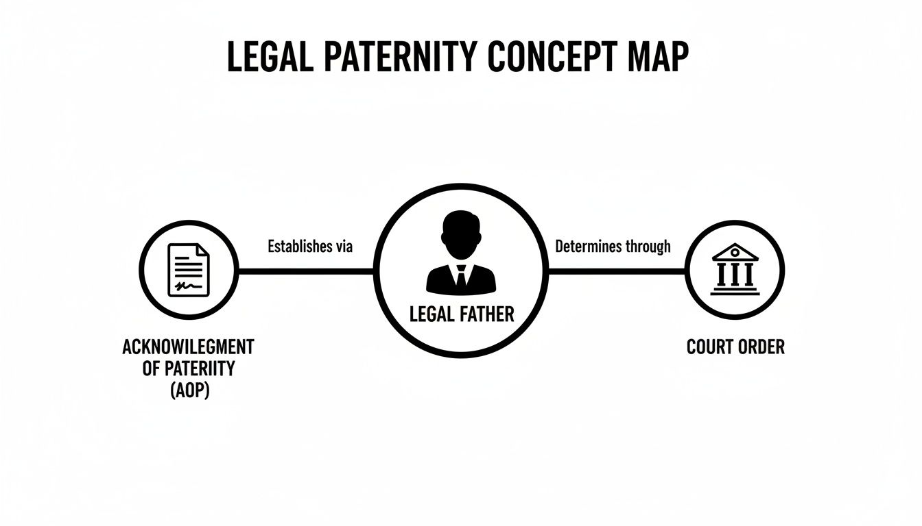 Concept map illustrating legal paternity establishment via acknowledgment of paternity (AOP) or a court order.