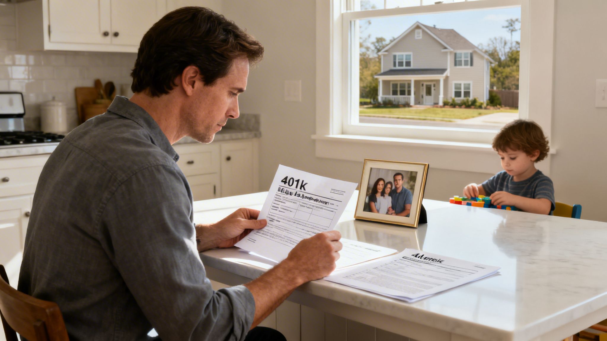 A father reviews financial documents, including a 401K, while his young son plays beside him.
