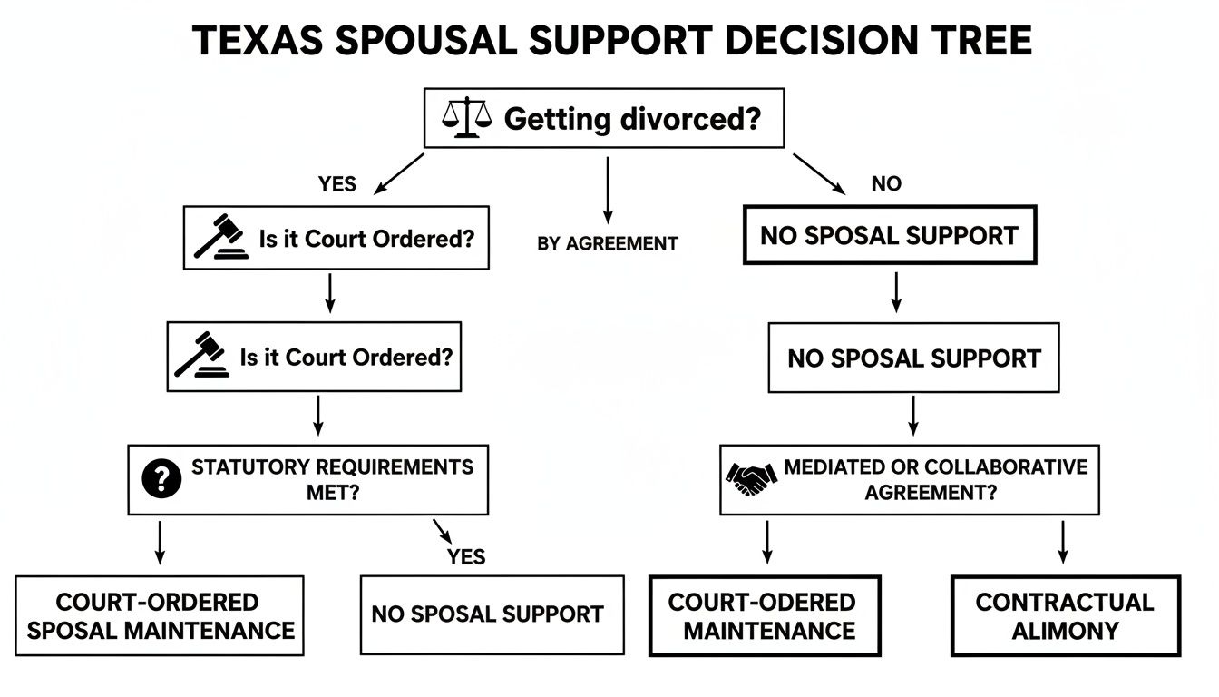 A Texas spousal support decision tree flowchart outlining maintenance and alimony options after divorce.