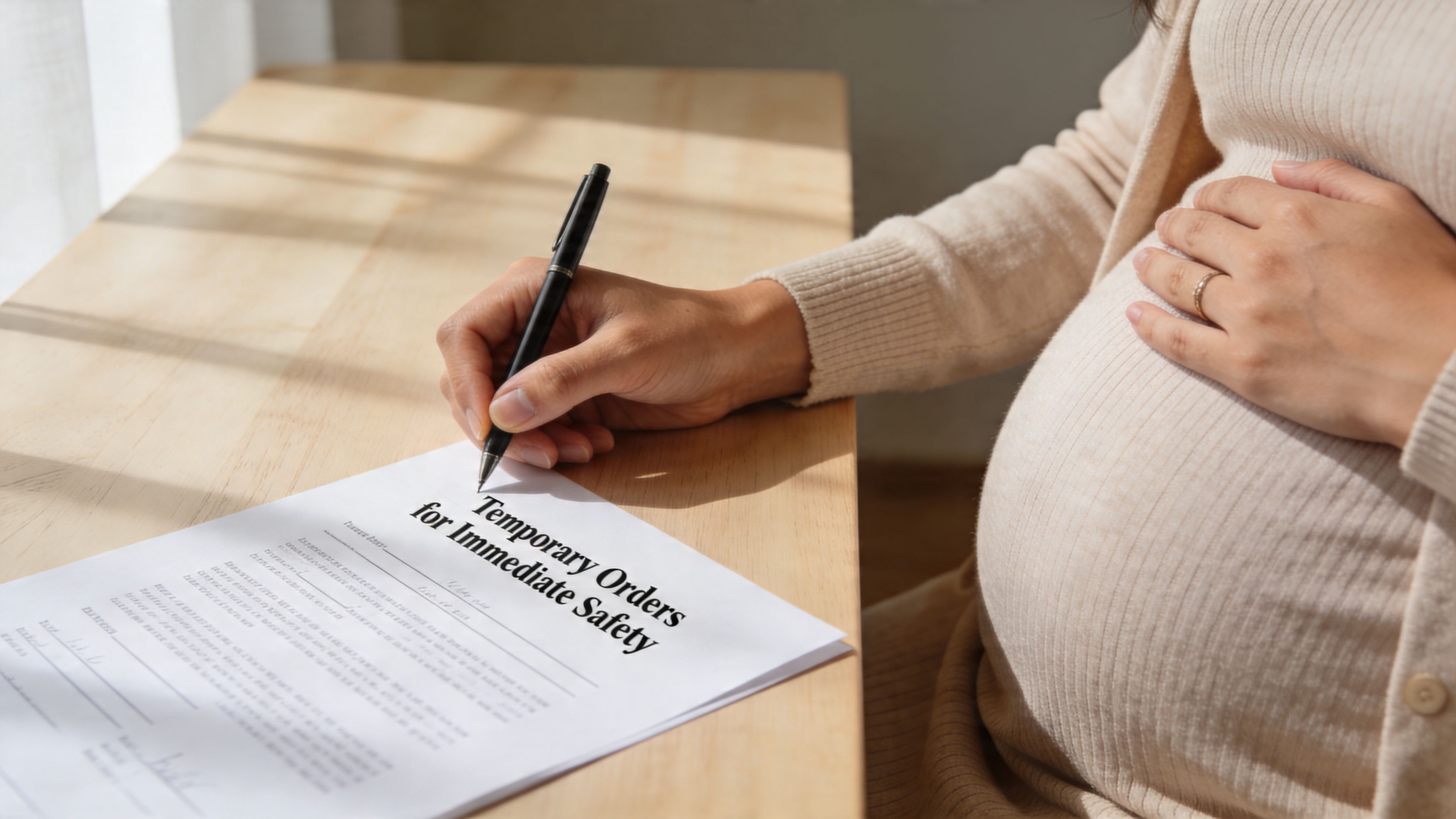 A pregnant woman sitting at a desk while filling out a document titled Temporary Orders for Immediate Safety.