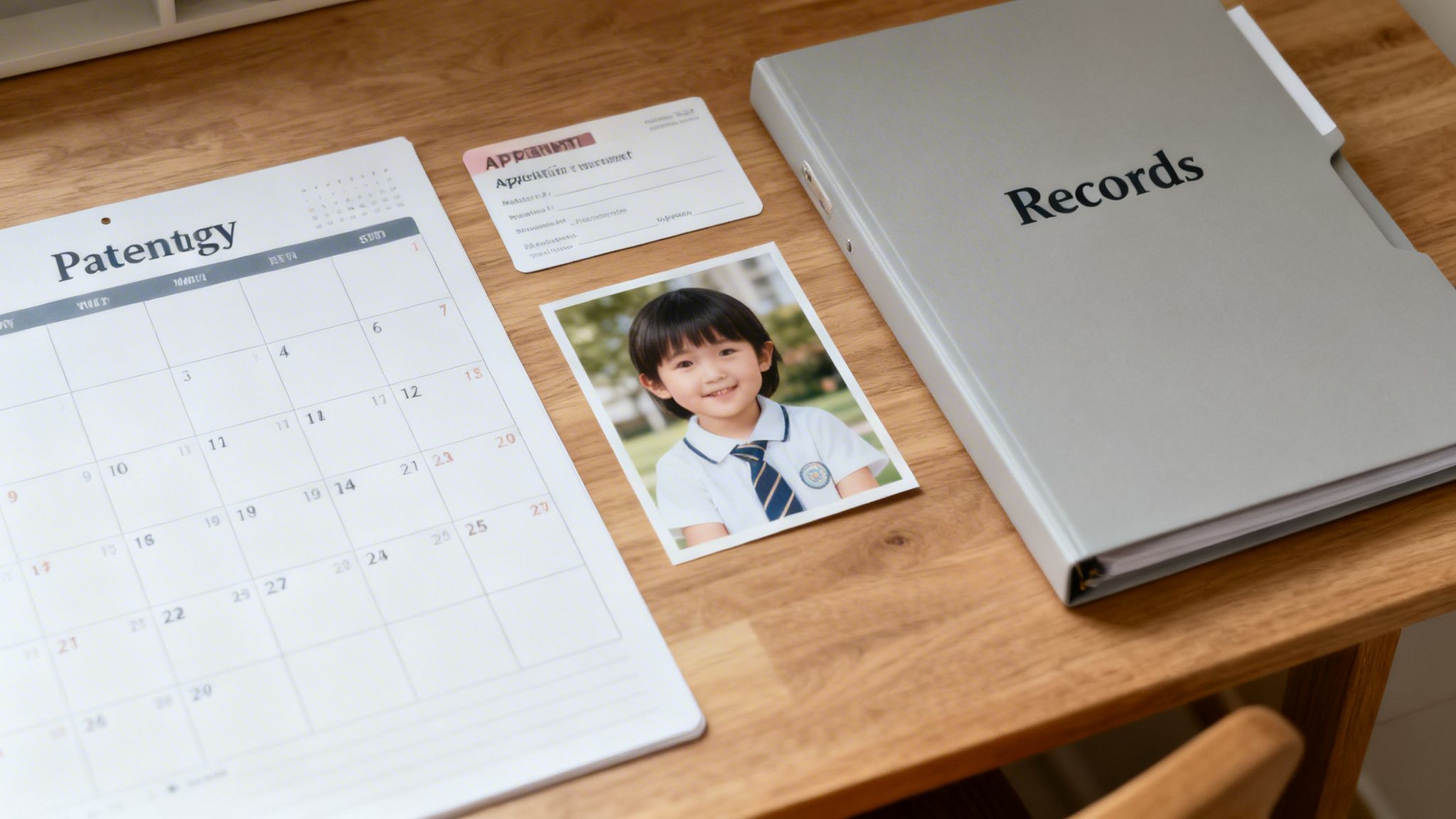 Desk with a calendar, an application form, a child's photo, and a grey 'Records' binder.