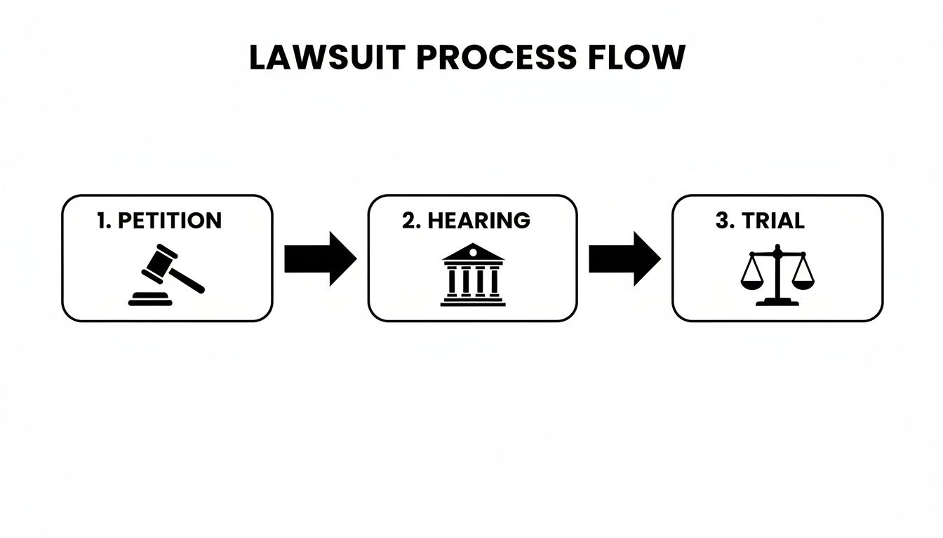 A lawsuit process flow diagram showing three steps: Petition, Hearing, and Trial, with legal icons.