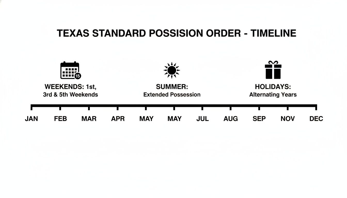 Texas Standard Possession Order timeline illustrating weekend, summer, and holiday visitation schedules.
