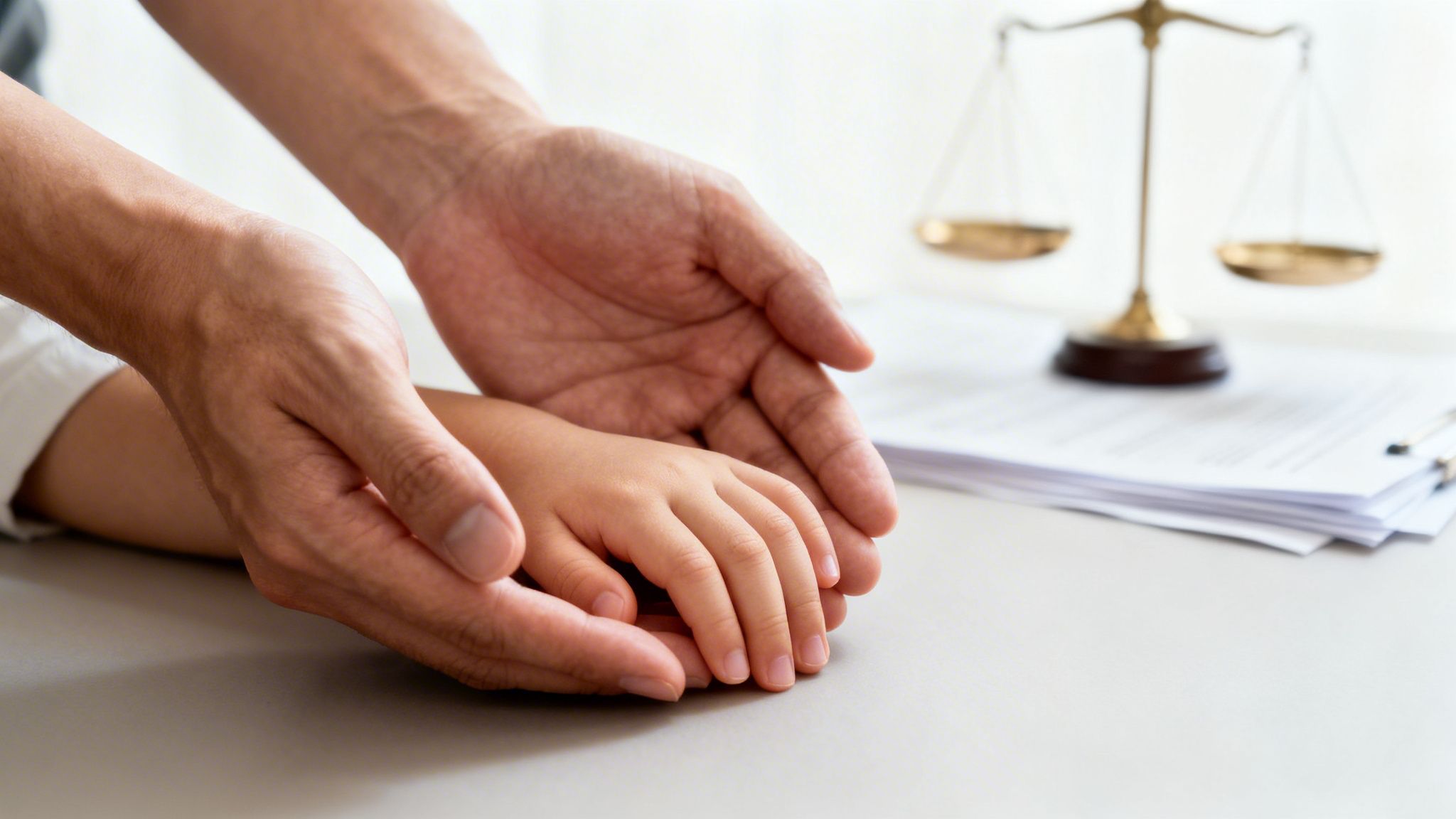 Close-up of adult hands gently comforting child's hands, with a blurred scale of justice in the background.
