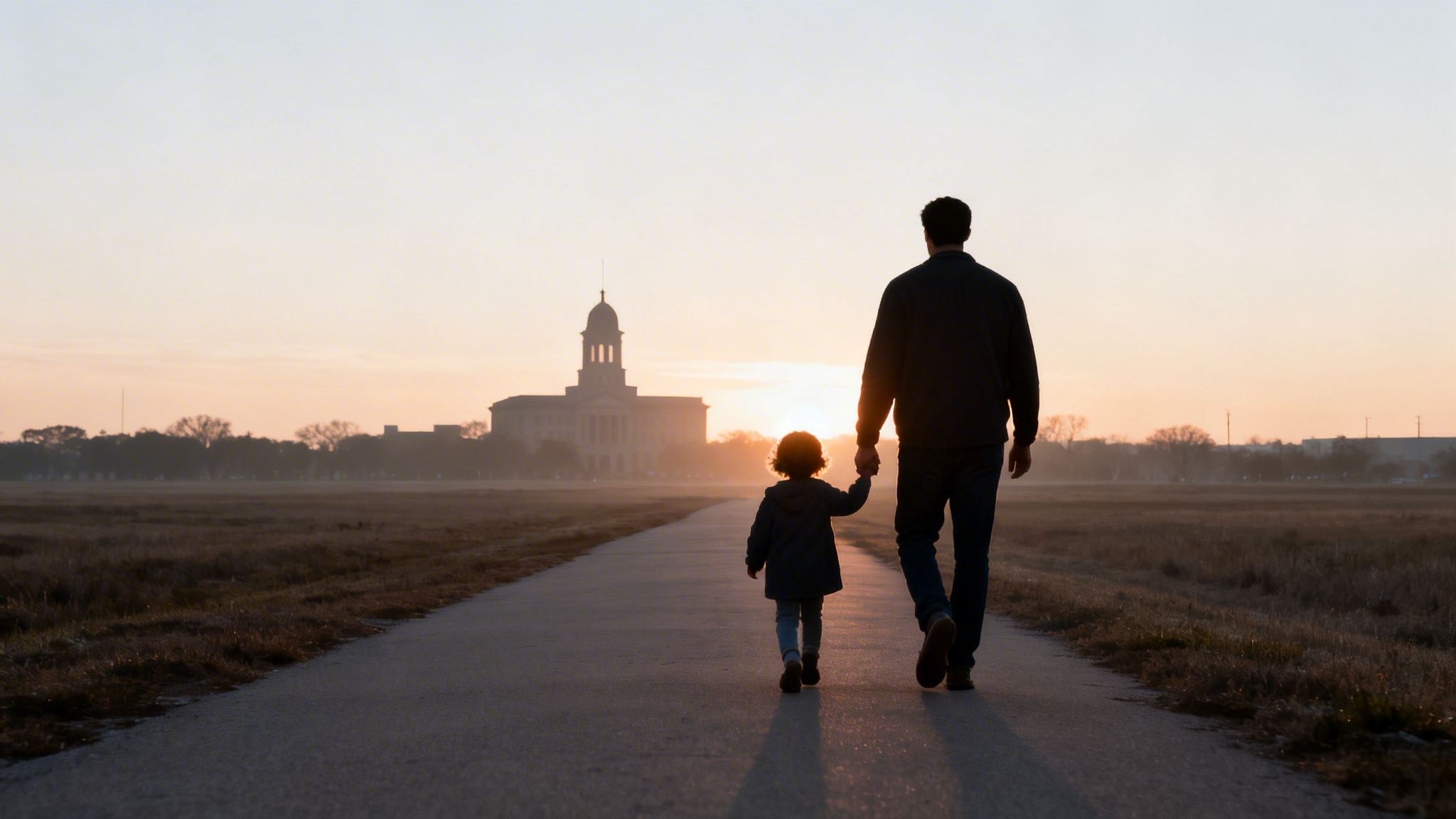 Silhouetted father and child walk hand-in-hand down a path towards a historic building at sunset.