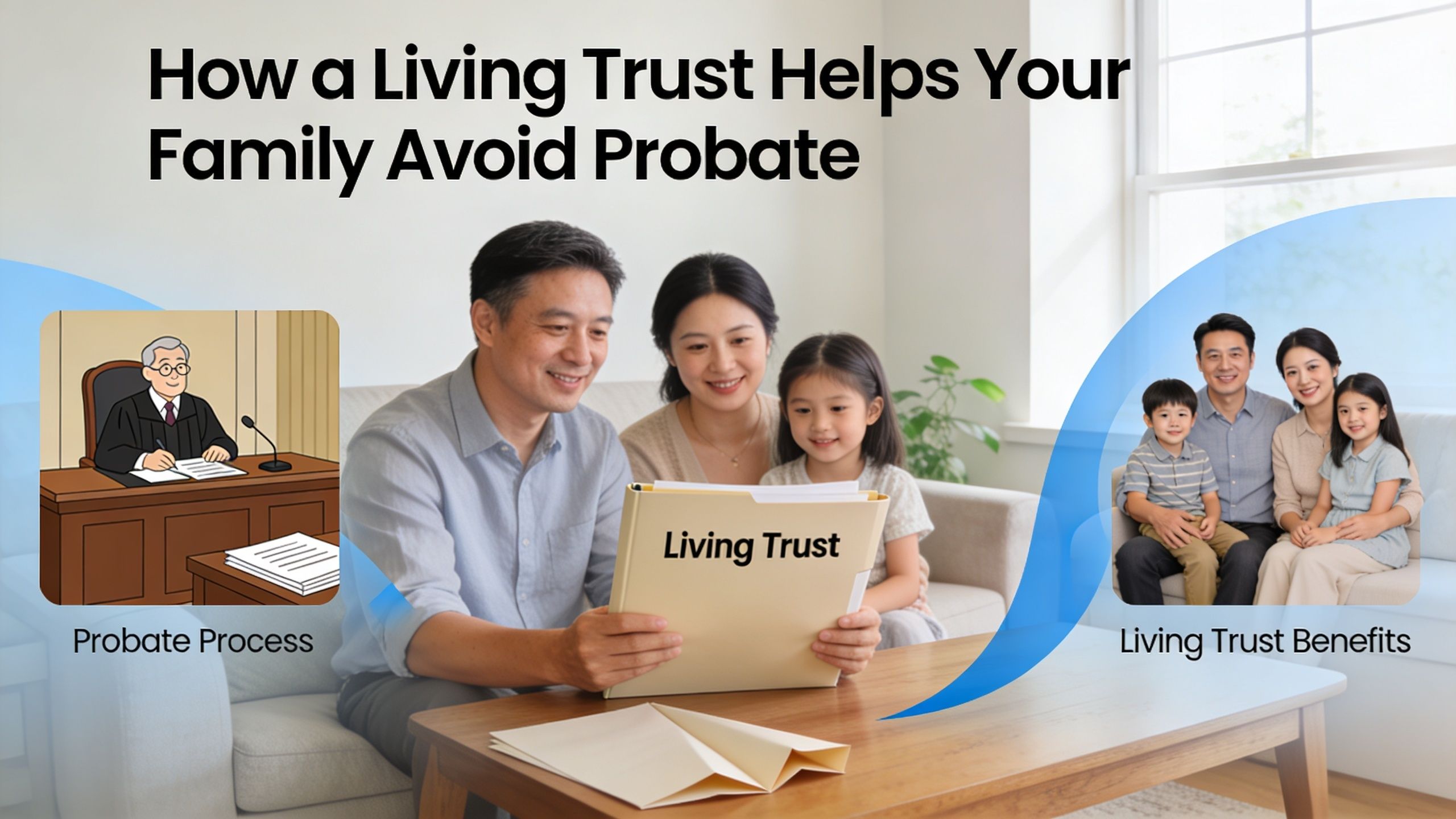 A family reviews their living trust documents while considering the differences between probate and trust benefits.