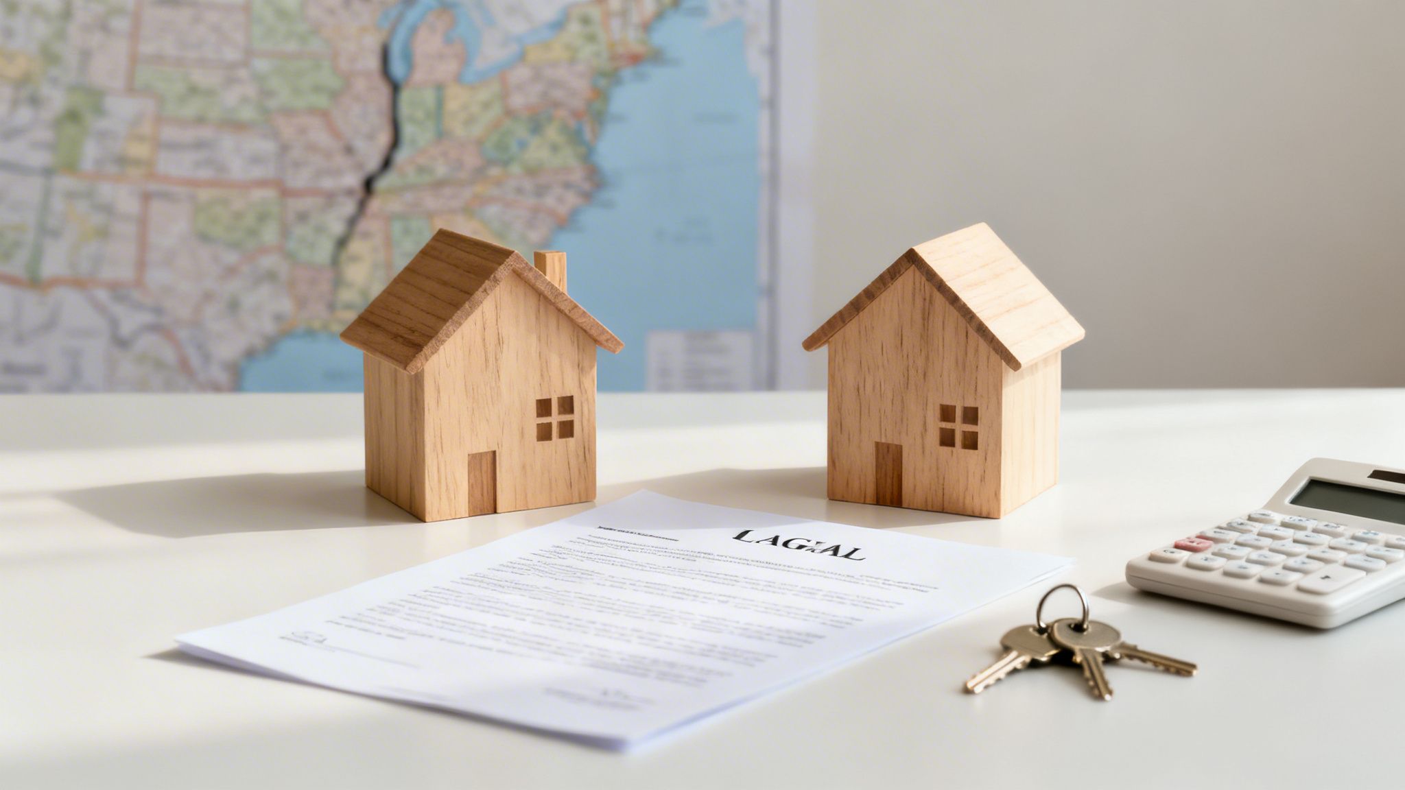 Miniature wooden houses, keys, a contract, and a divided map representing property division.