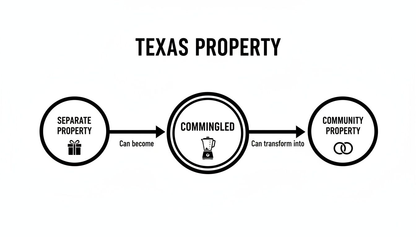 Flowchart illustrating Texas property types: separate property can become commingled, which can transform into community property.