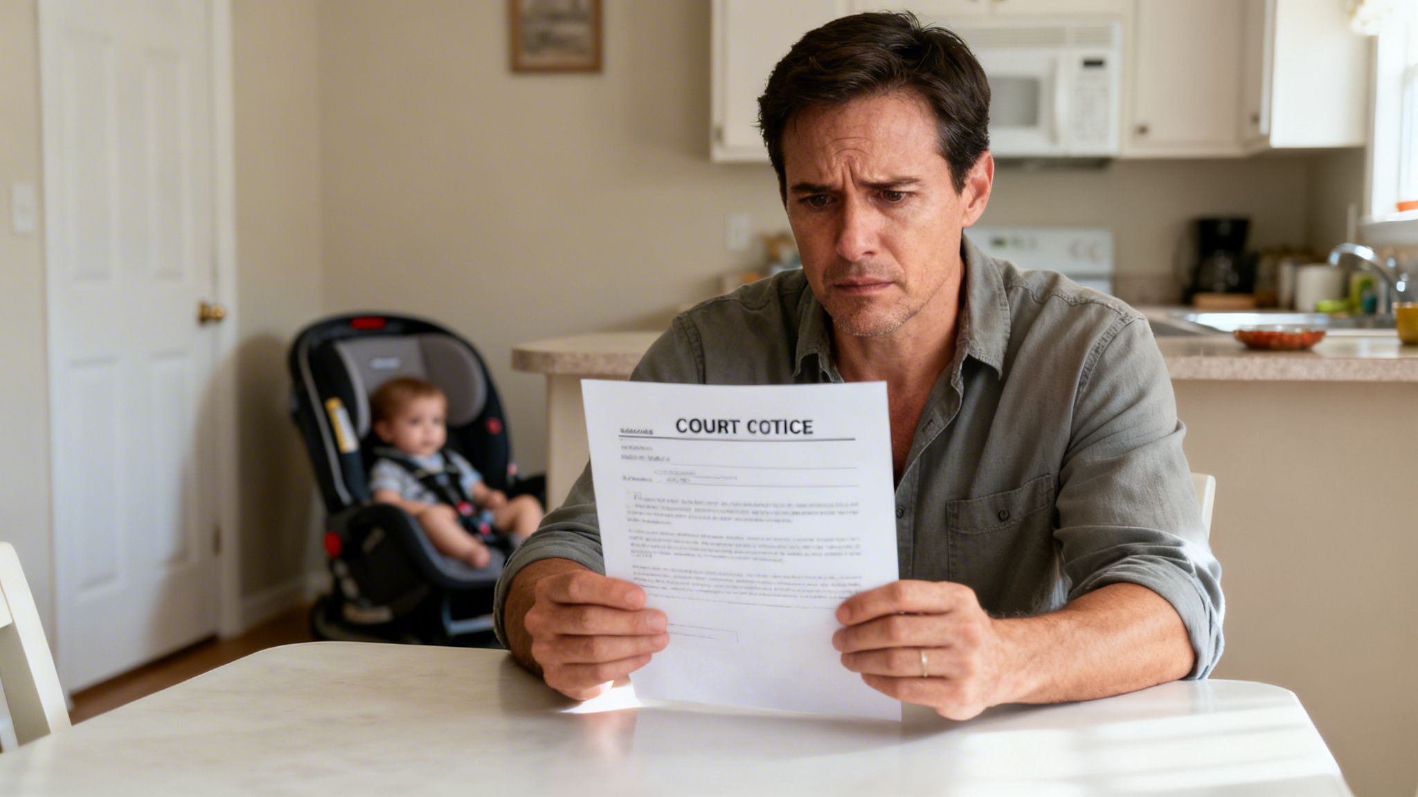 A concerned father reads a court notice while a baby sits in a car seat behind him.