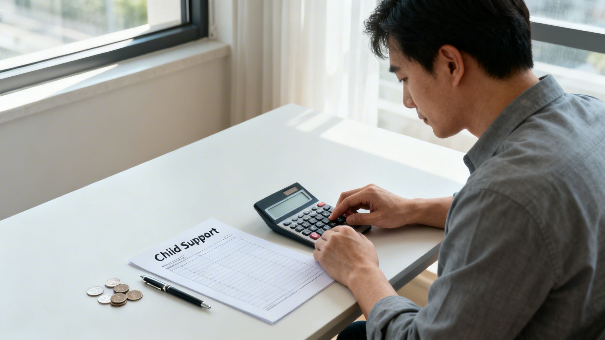 Man calculating child support with a calculator, pen, and coins on a white table.