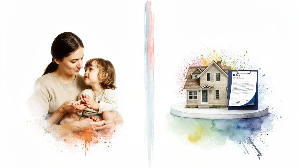 A mother and child on the left, a house and legal document on the right, divided by a watercolor line.