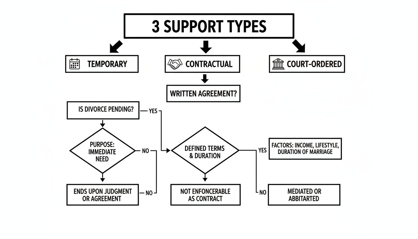 A flowchart detailing 3 support types: Temporary, Contractual, and Court-Ordered, with their conditions.