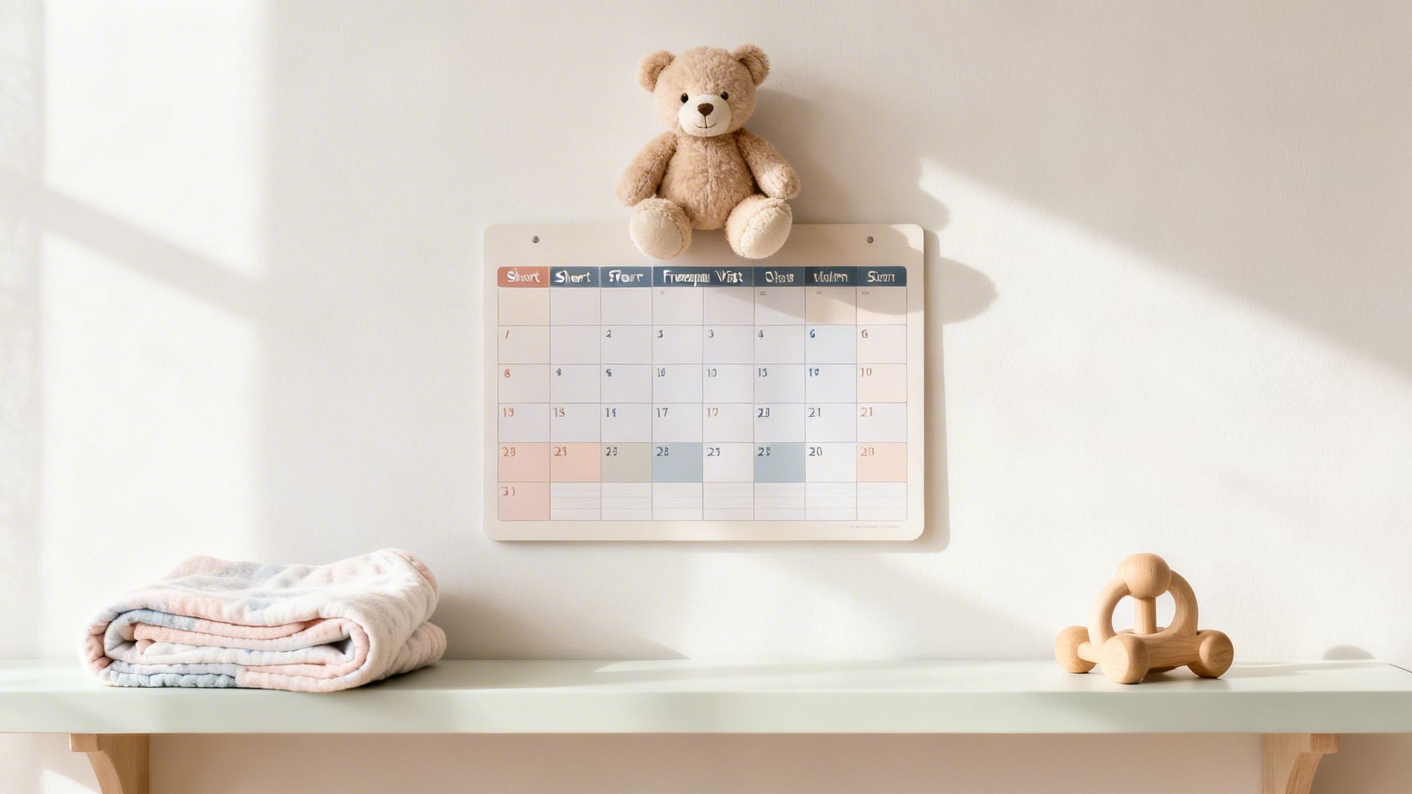 A teddy bear sits on a calendar in a light-filled nursery with blankets and a wooden toy.