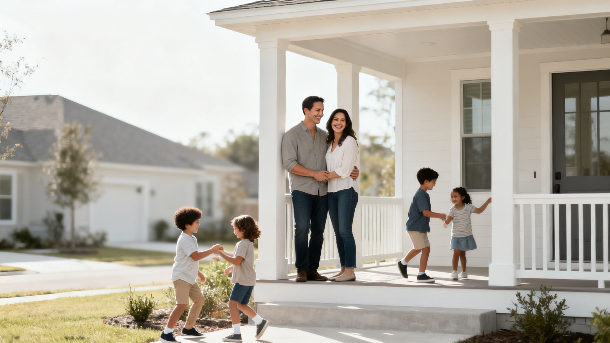 A happy family of six, parents and four children, on the porch of their white house.