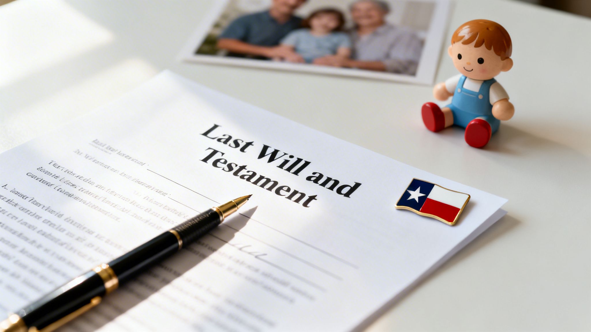 A 'Last Will and Testament' document with a pen, a Texas flag pin, a family photo, and a toy.