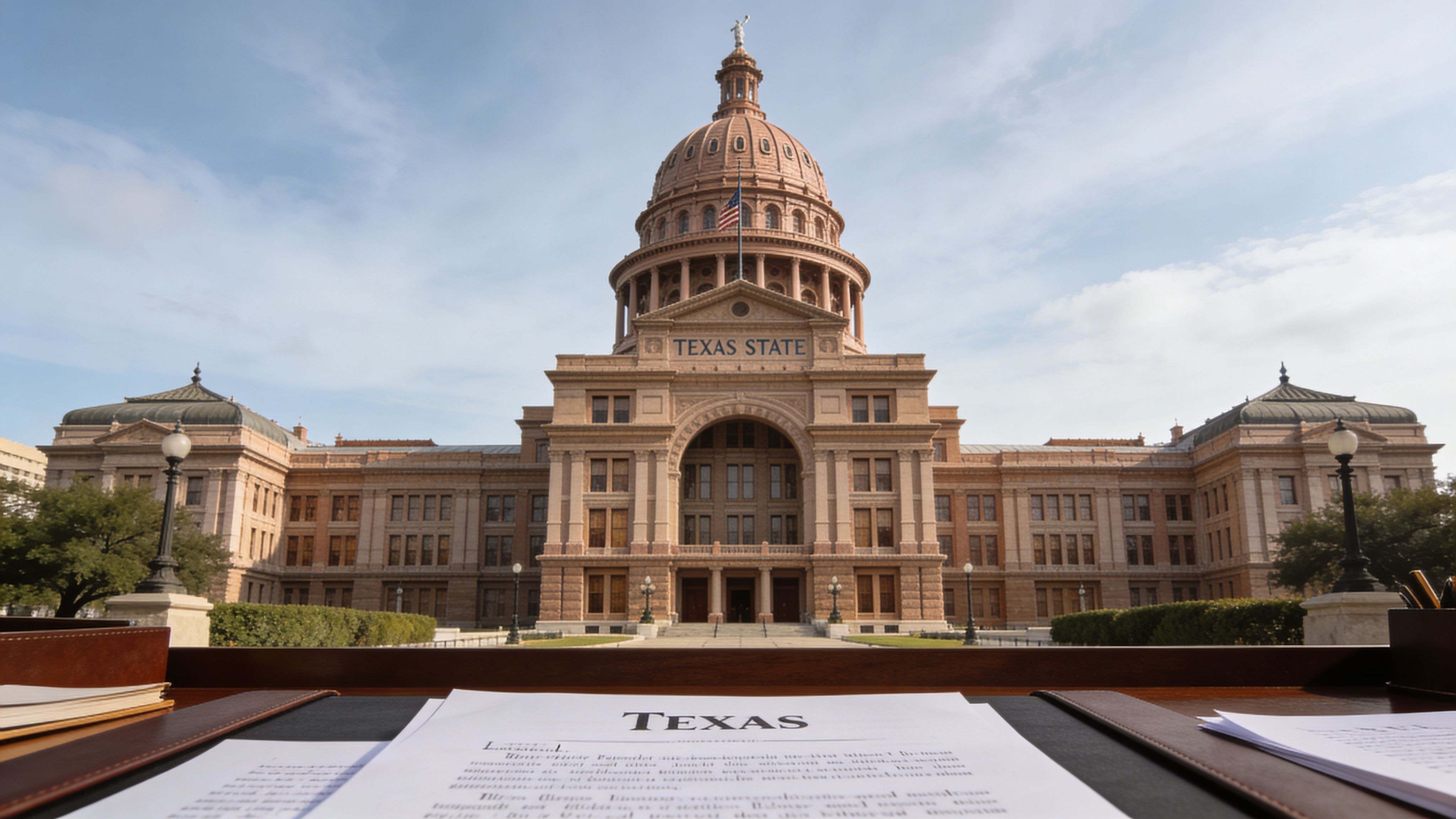 A view of the Texas State Capitol building from a desk with documents in the foreground.