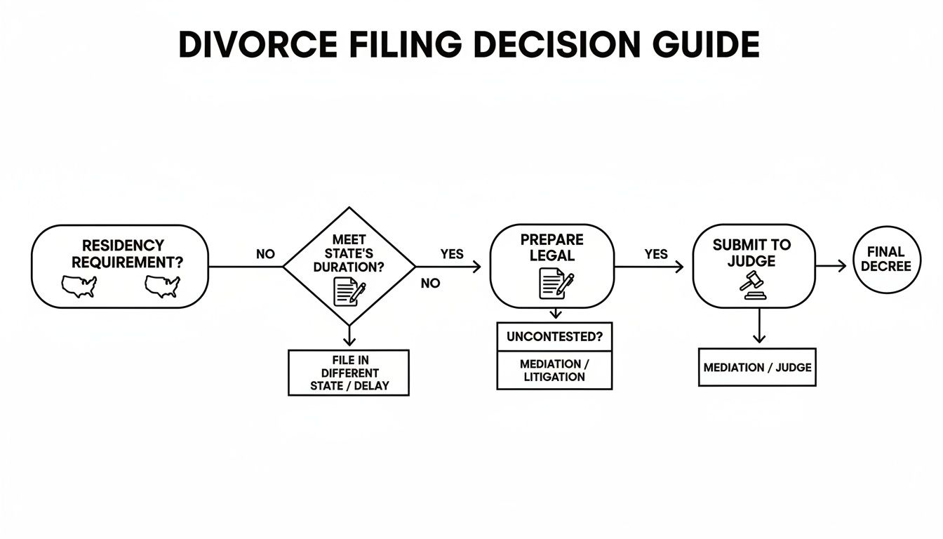 Flowchart guiding through the divorce filing decision process, from residency to final decree.