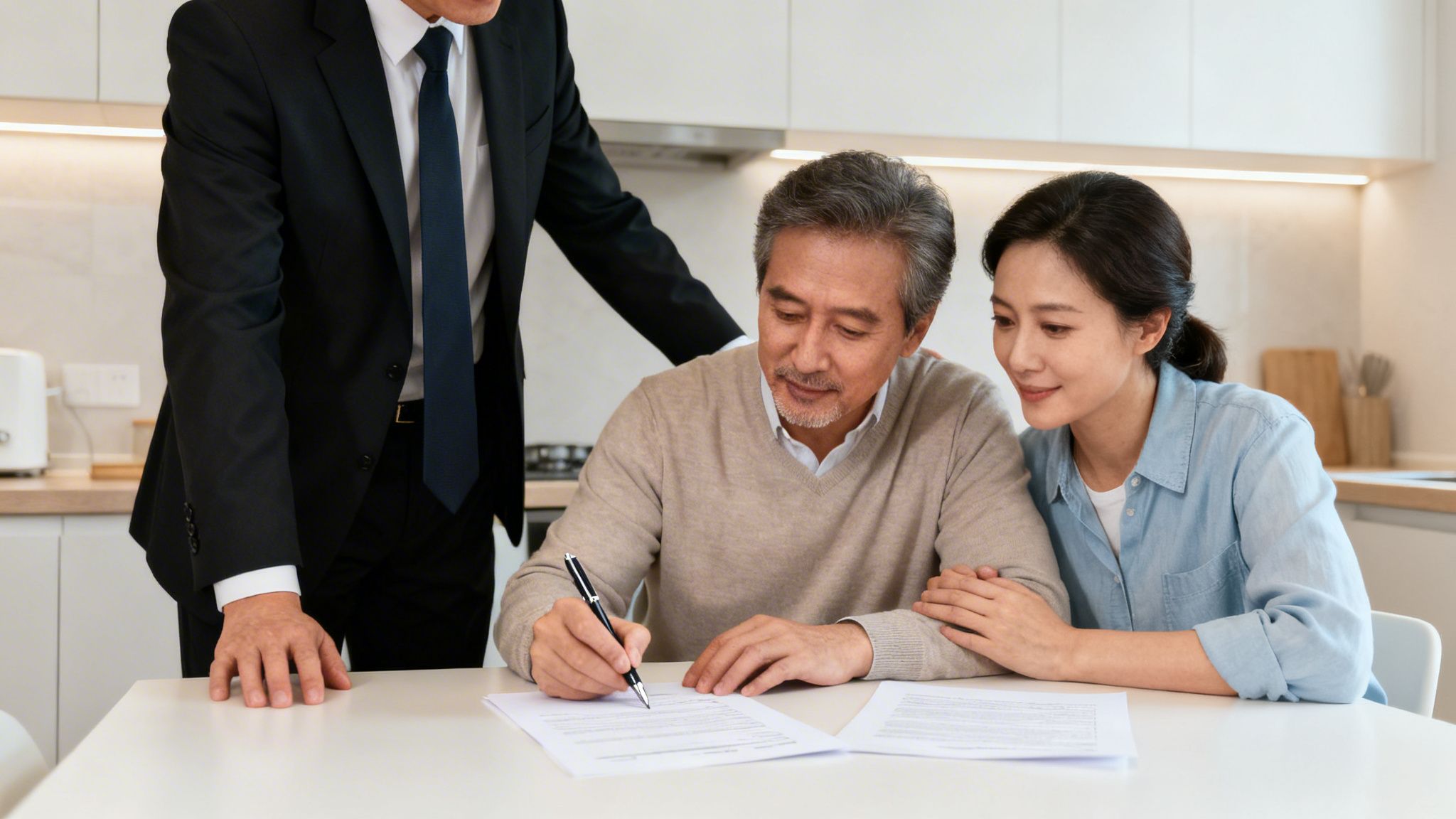 An older Asian man signs documents at a table with a woman and an agent.