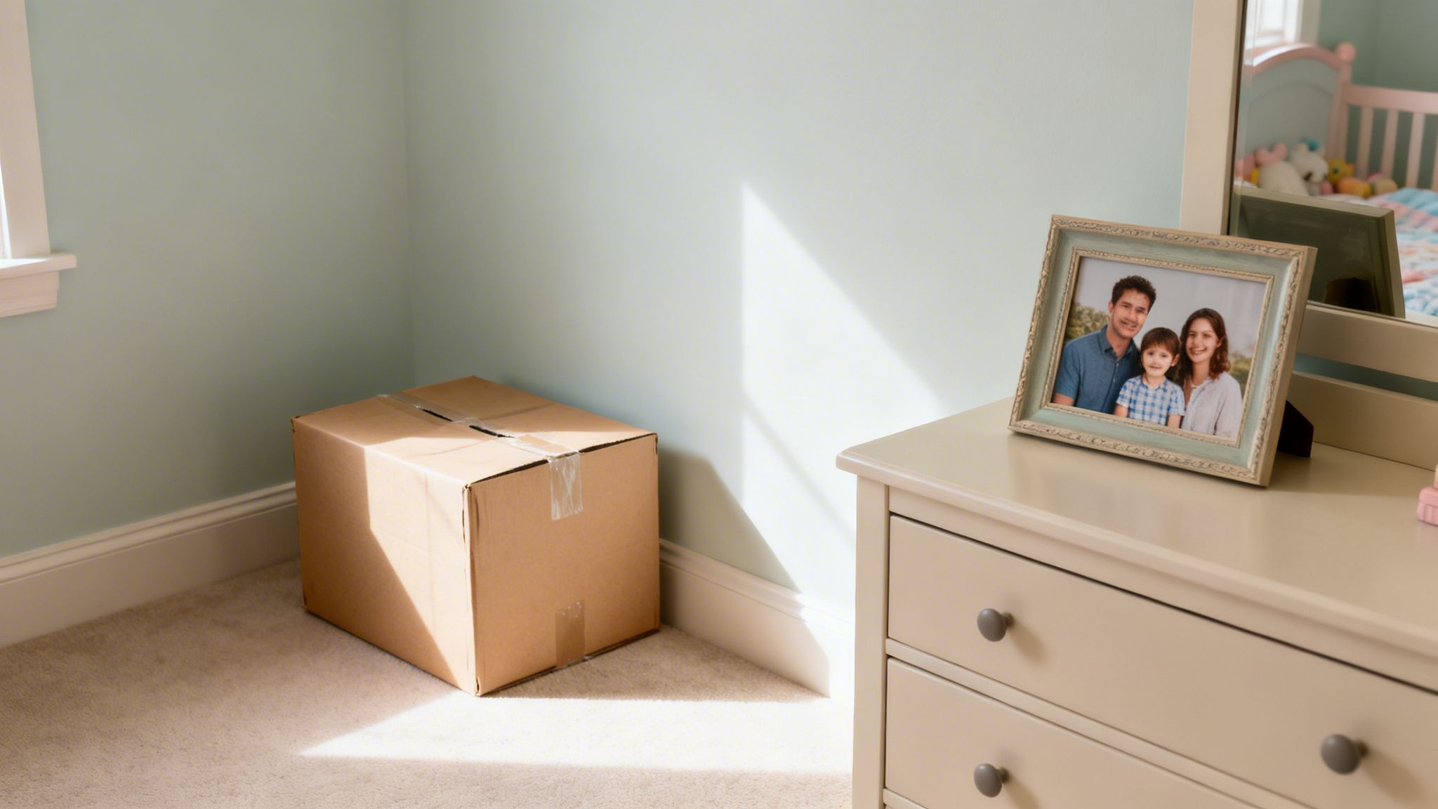 A bright room with a moving box on the floor and a framed family photo on a dresser.