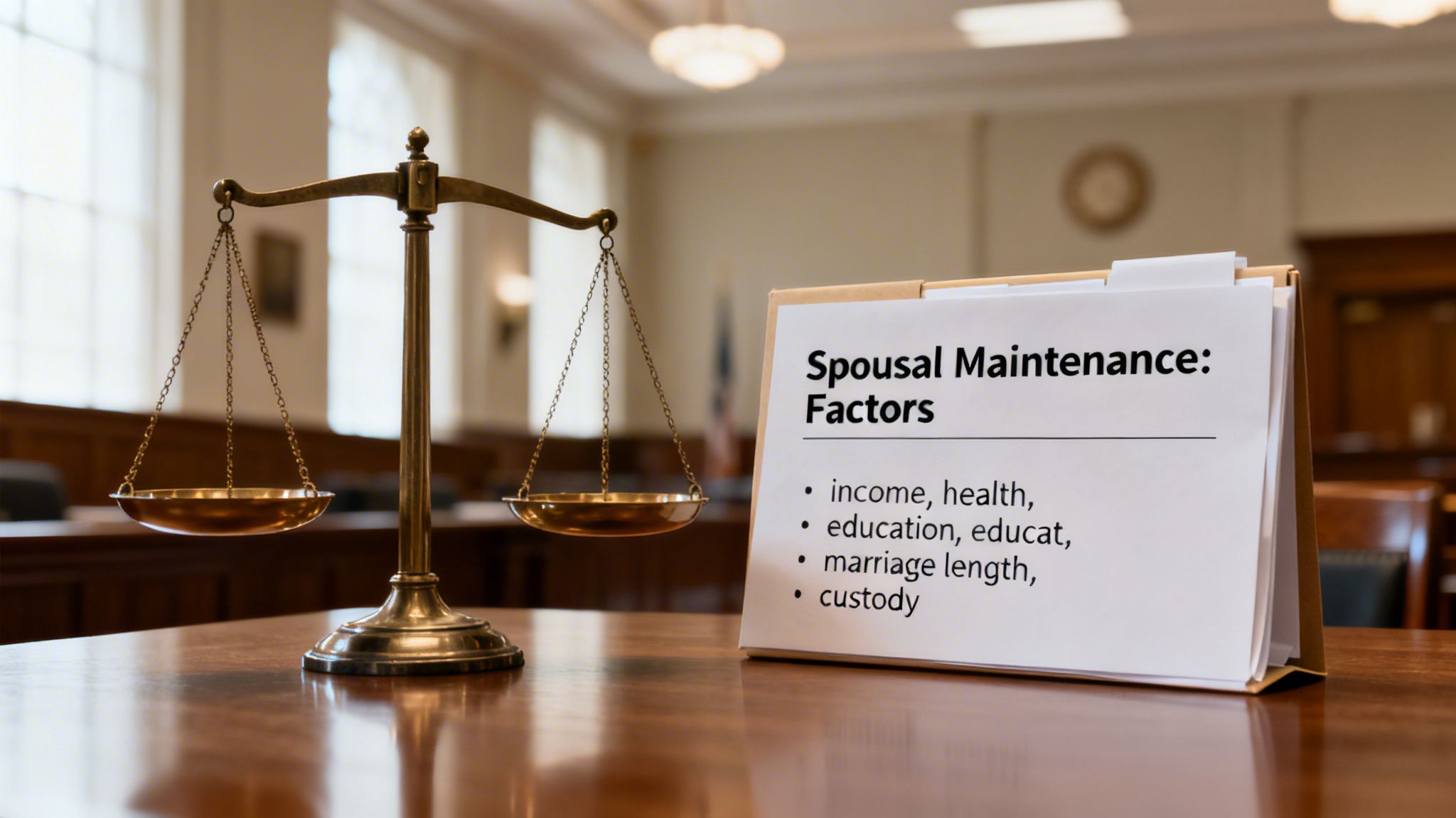 Scales of justice sit beside a document titled “Spousal Maintenance: Factors” in a courtroom.