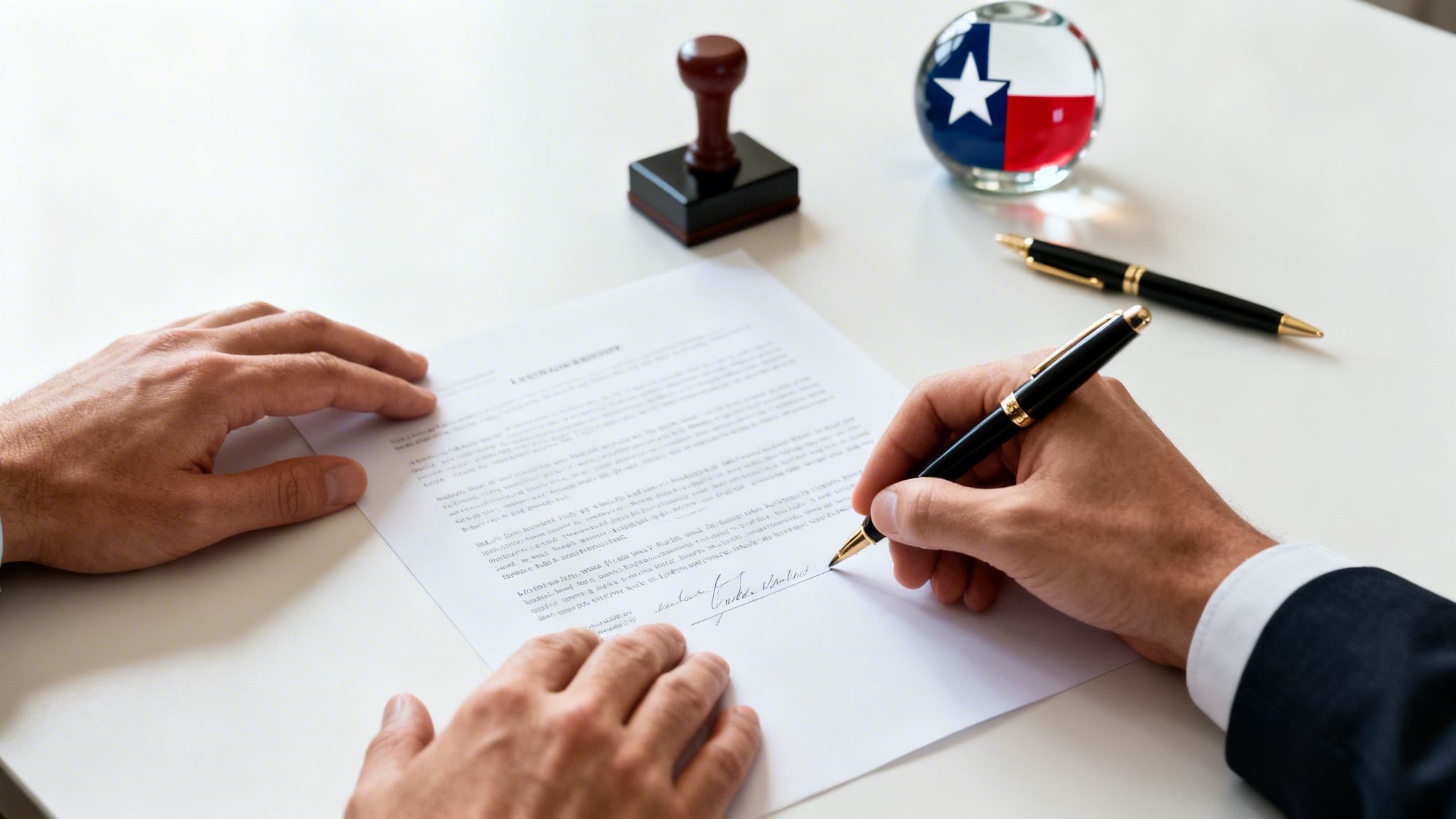 A person's hands signing a legal document with a pen, a Texas flag paperweight and stamp nearby.