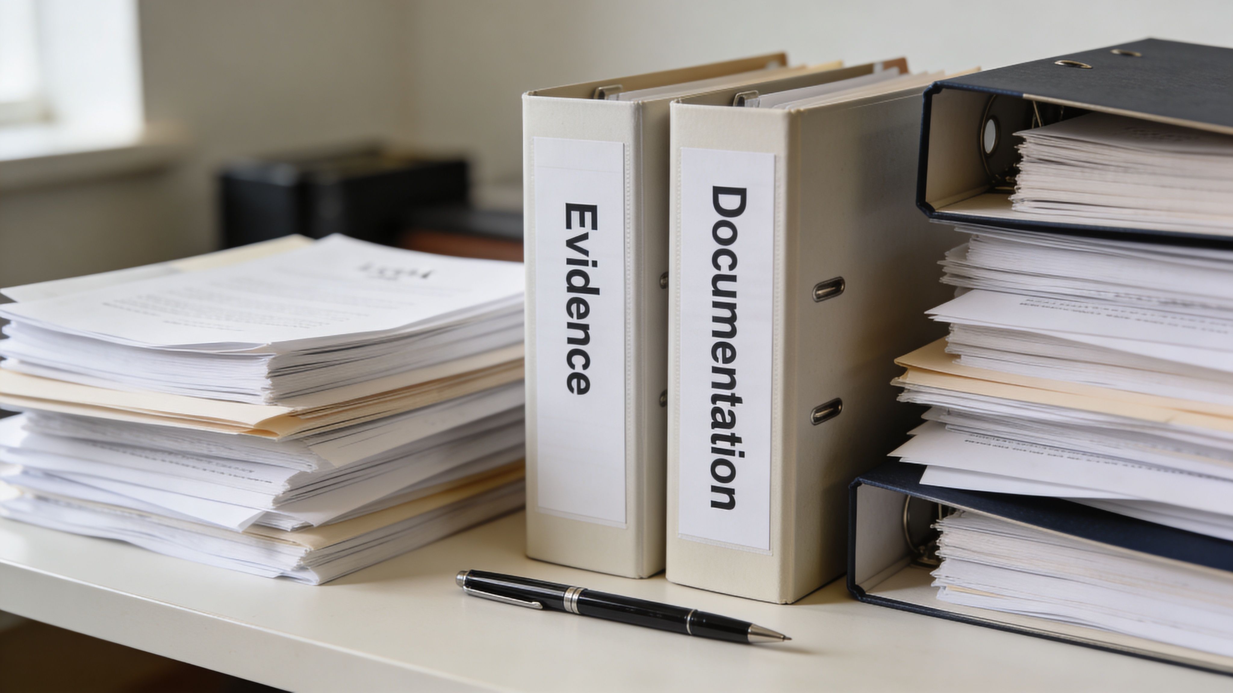 A stack of papers, binders labeled Evidence and Documentation, and a pen on a desk.