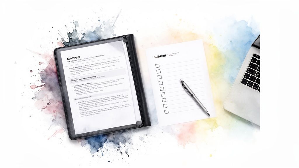 Professional workspace with documents in a binder, a checklist, a pen, and a laptop on a watercolor background.